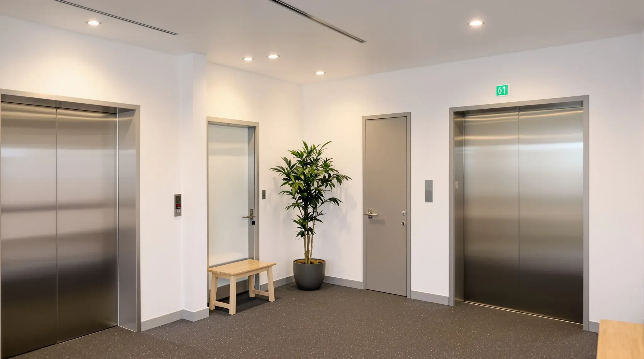 A lift lobby on an office floor with solid painted walls and a grey fire door to the stair