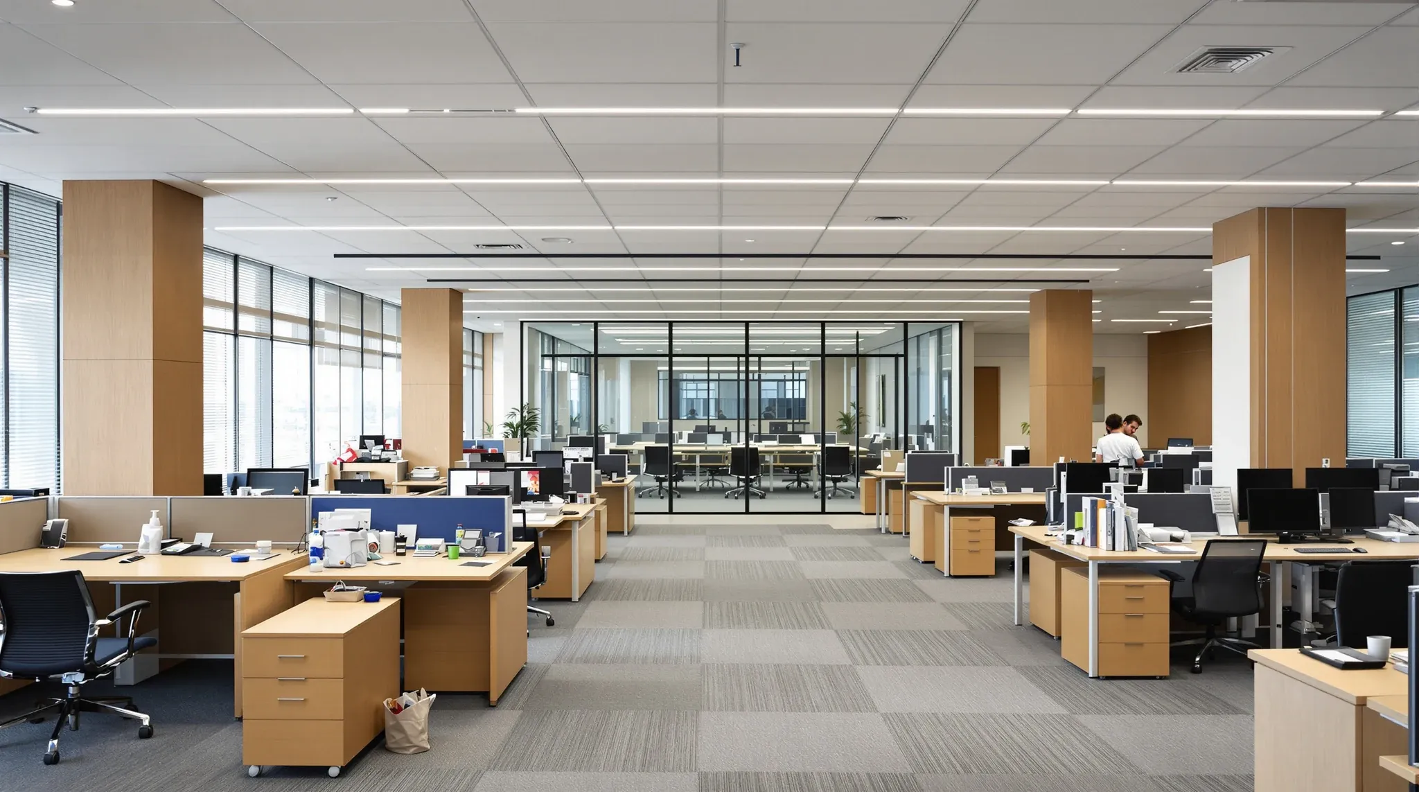 An open plan office floor with workstation clusters and a glass boardroom beyond