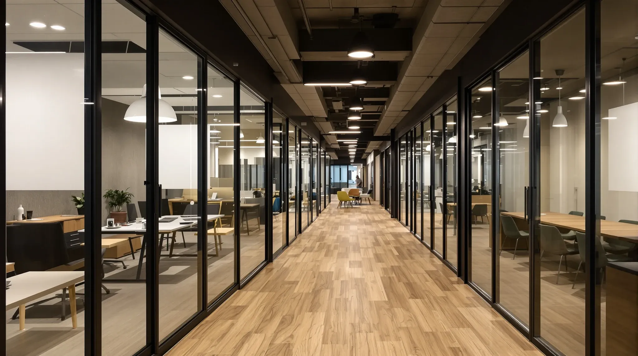 A coworking corridor lined with small glass-fronted private offices, one papered over for privacy