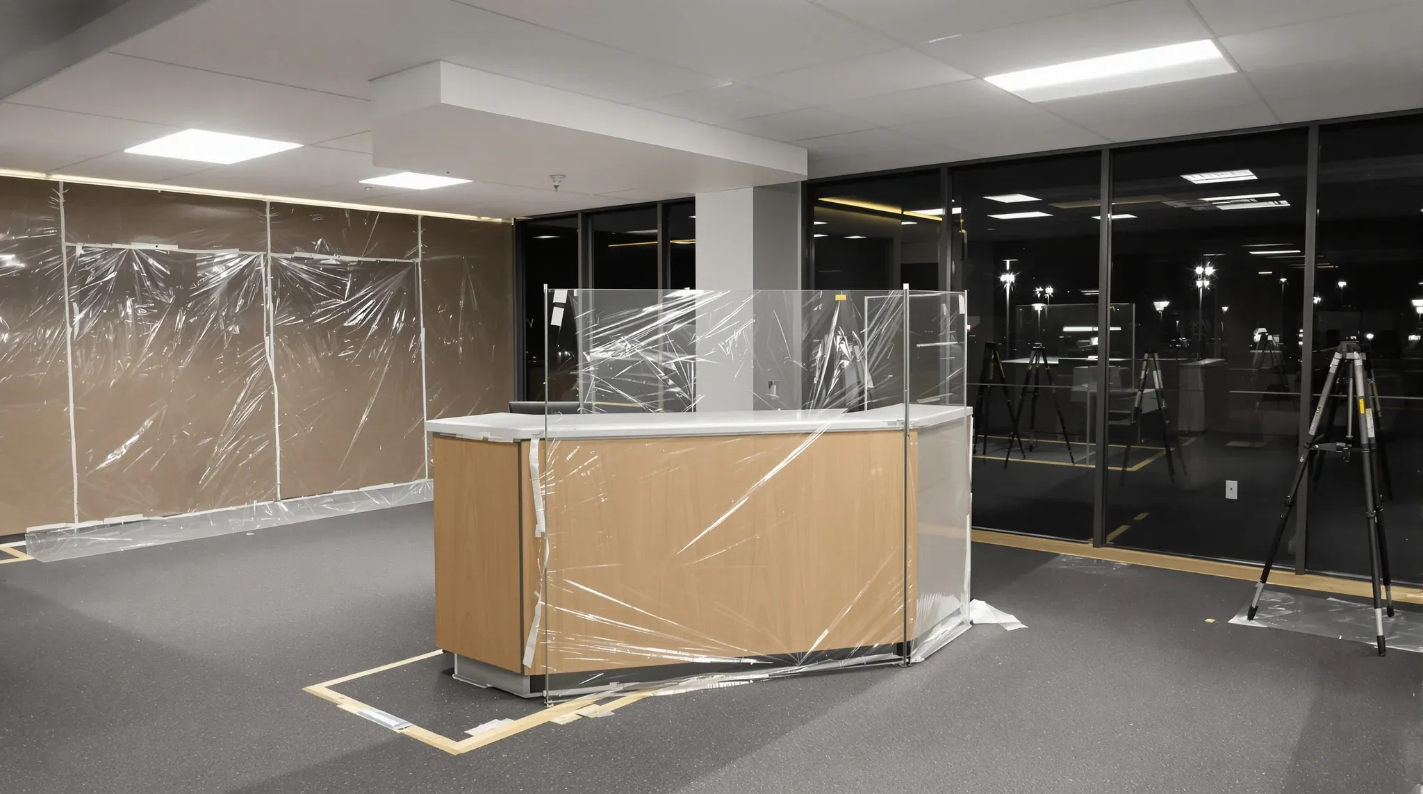 A finished office floor at night with new joinery and furniture covered in plastic for rework