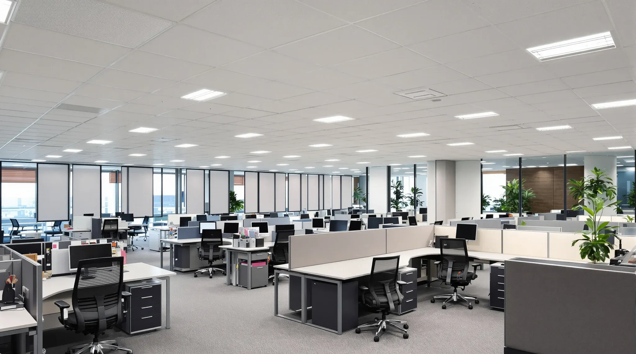 An office floor with new acoustic ceiling rafts installed above one working zone