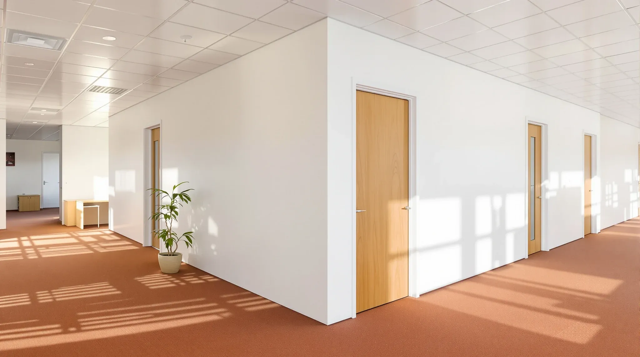 The corner of a painted plasterboard room block on an office floor in late afternoon sun