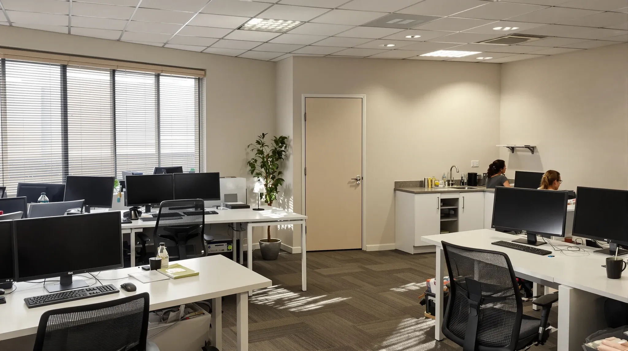 A compact office for about fifteen people with two rows of desks, a small meeting room and a kitchenette