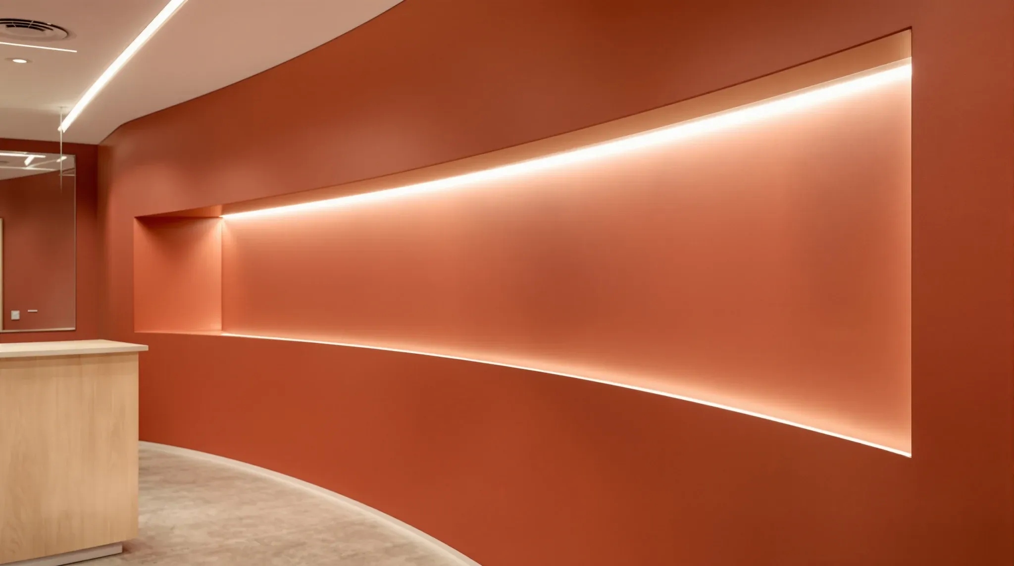 A curved terracotta feature wall in an office reception with a concealed light washing down it