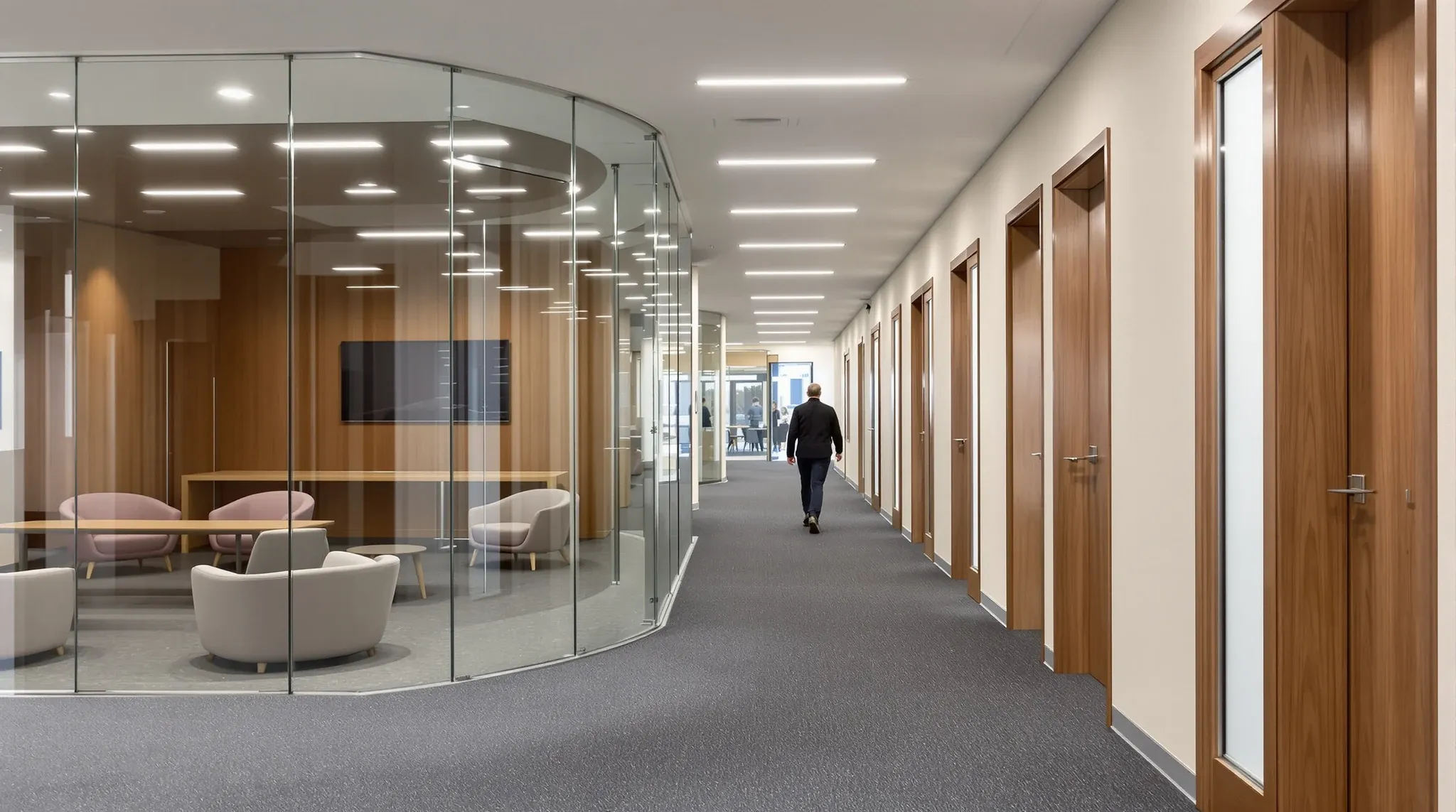 An office corridor with a glass client lounge on one side and solid consulting room doors on the other
