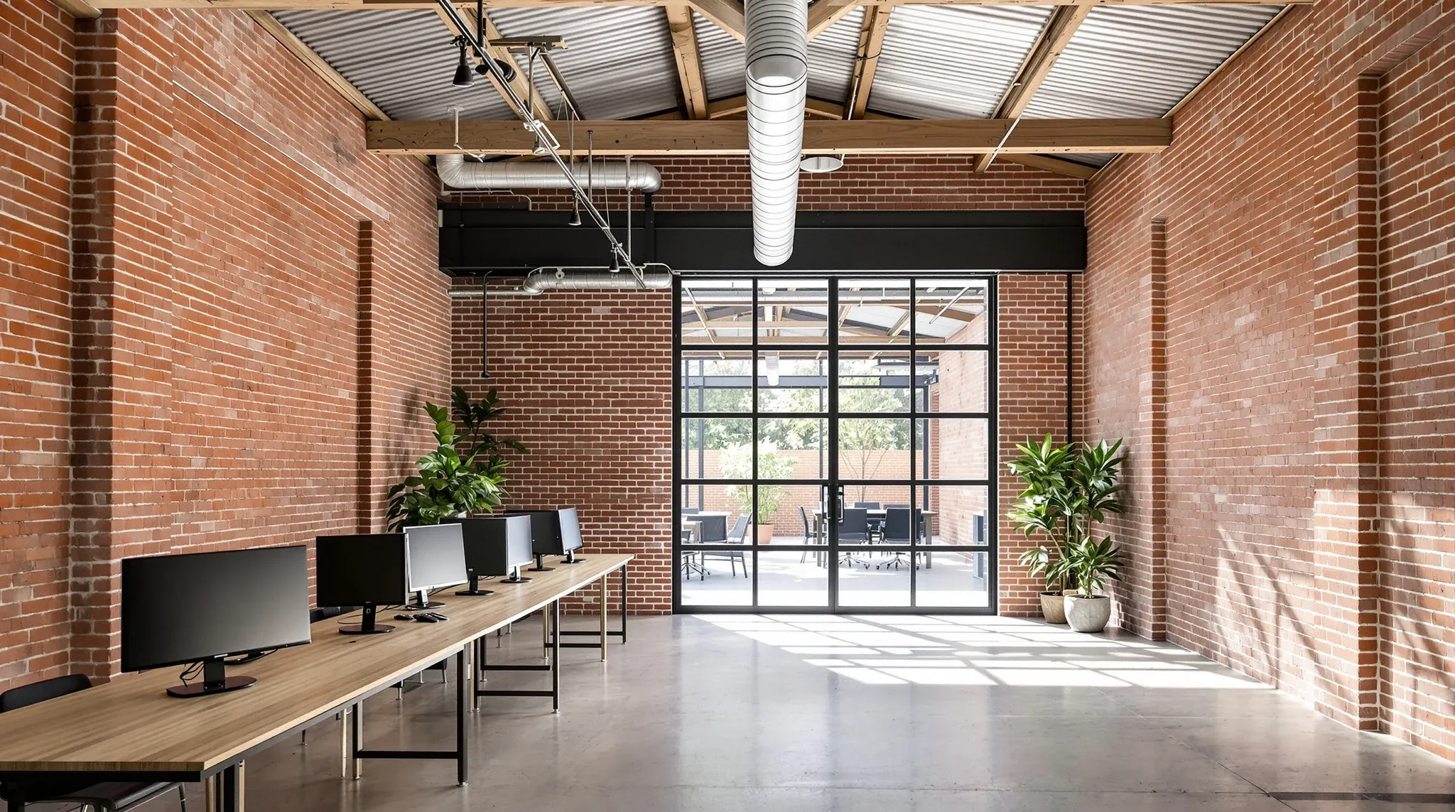 A brick warehouse office with a glazed steel-framed entry in an old loading dock opening