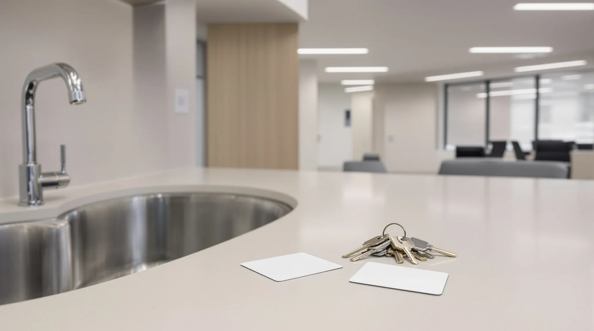 A set of keys and two blank access cards on a kitchenette bench in an empty, handed-back office