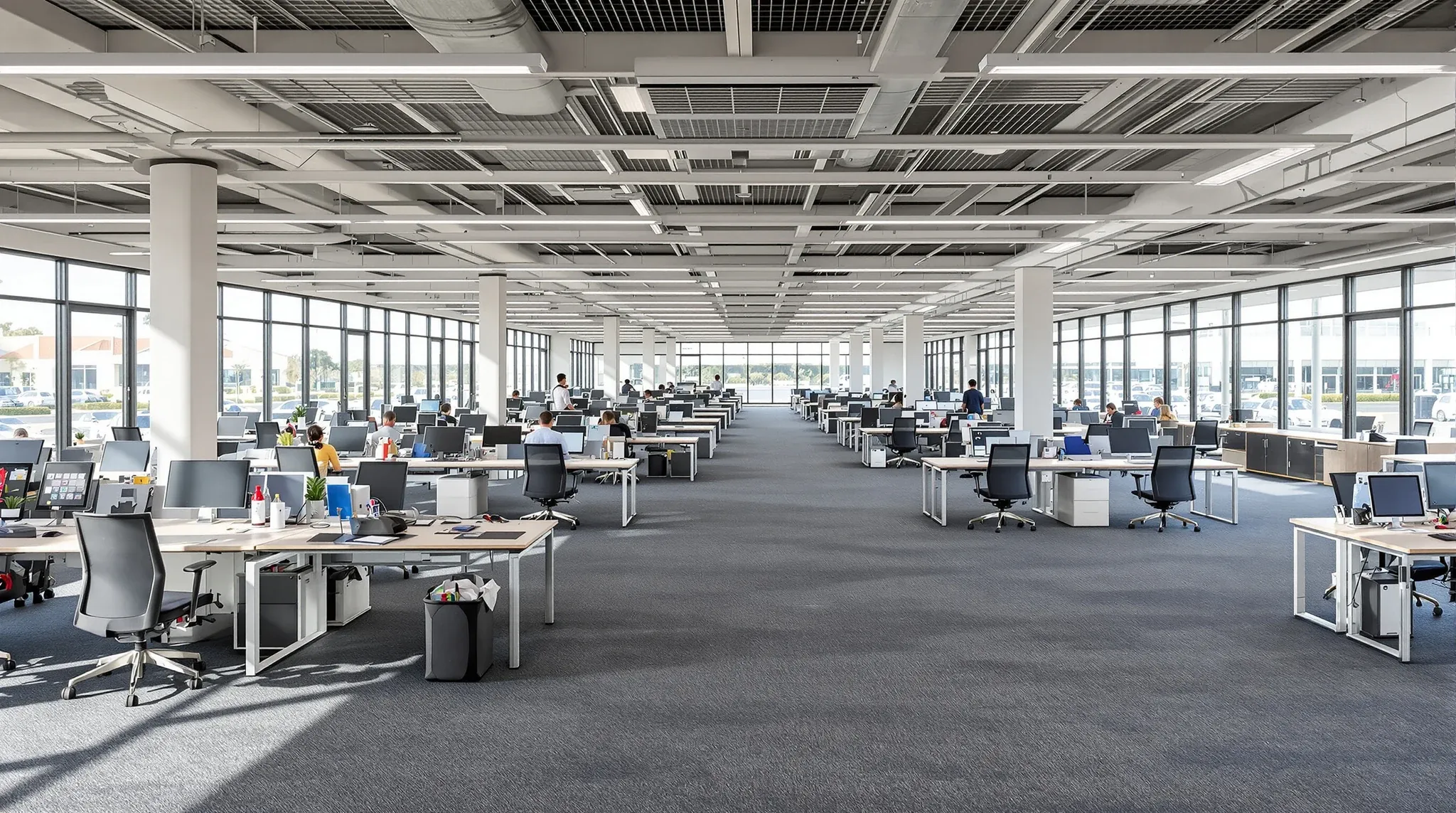 A large office floor with desks in use at one end and an empty fitted area held for growth