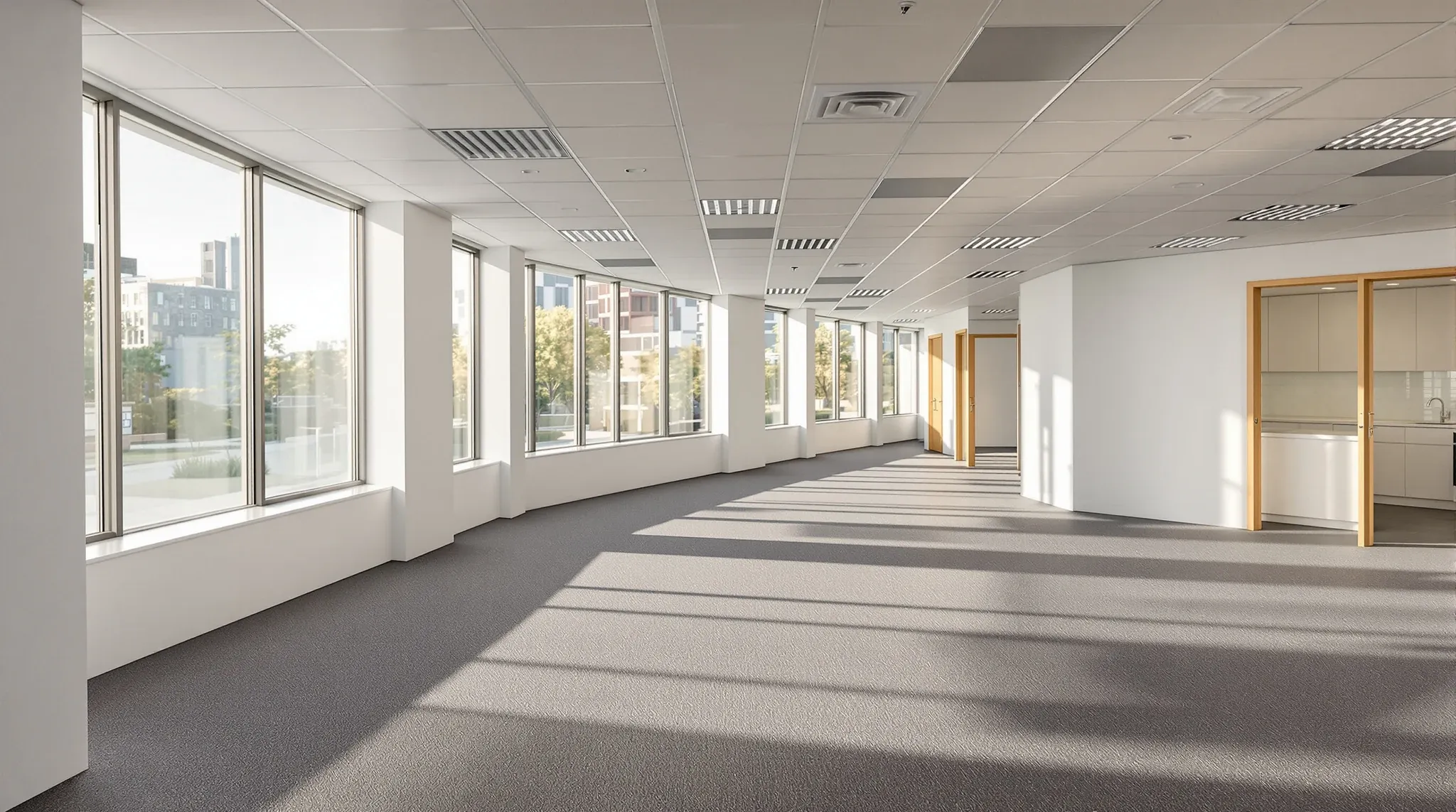 A vacant fitted-out office with neutral finishes, meeting rooms and an open kitchen, ready for a new tenant