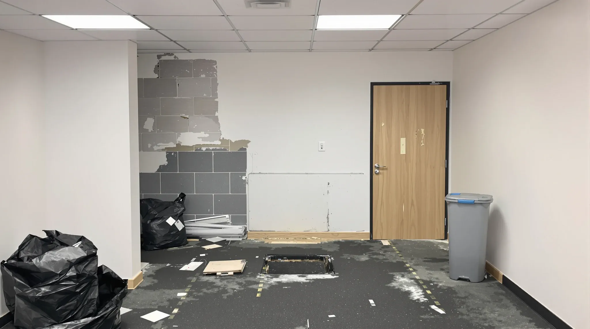 A small older office part-way through a defit, with carpet tiles lifted, old adhesive showing and bin bags