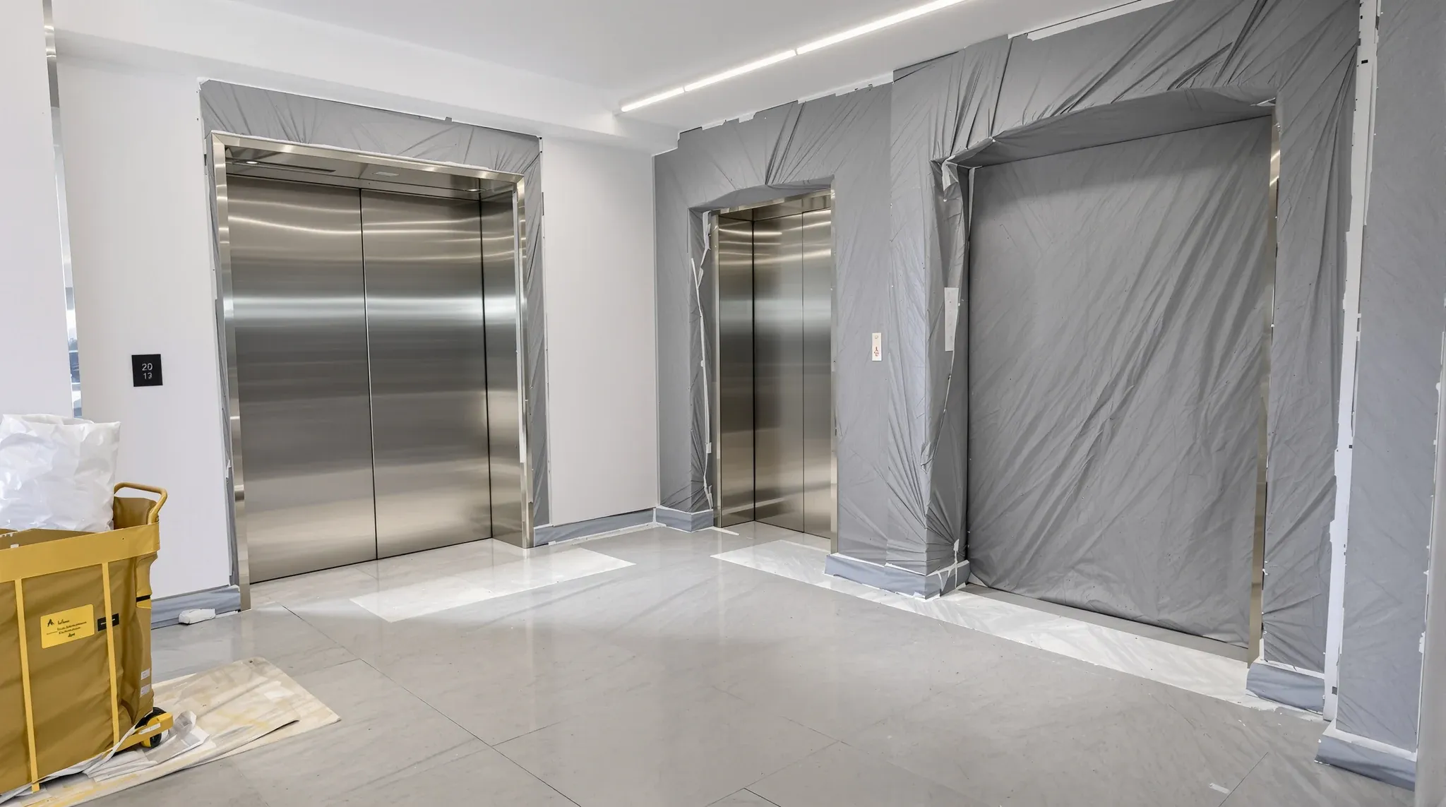 A lift lobby with its stone floor covered in protection board and padded covers on the lift door frames