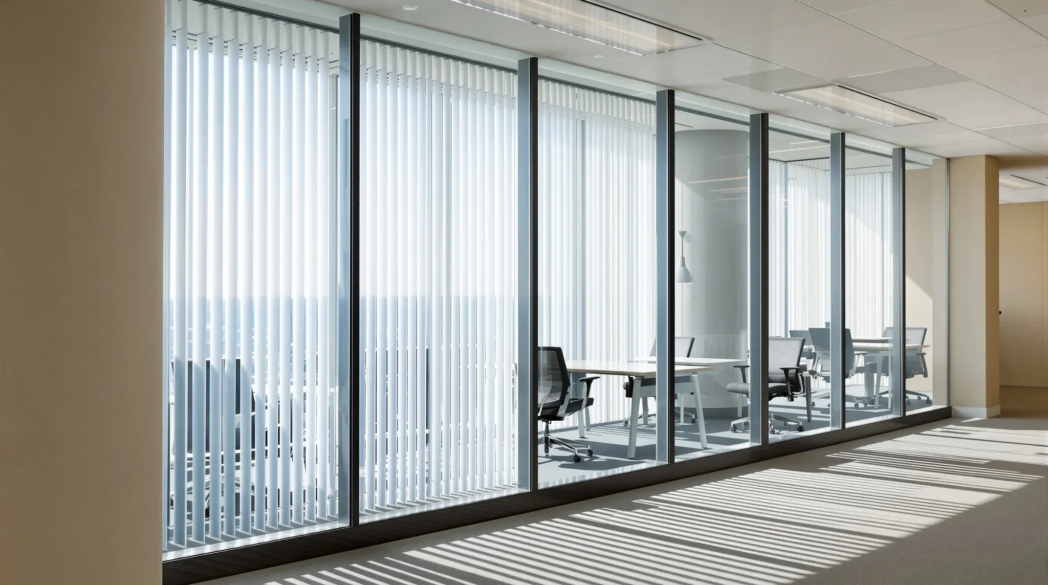 New frameless glass offices along the core of a compact tower floor, seen from beside the windows