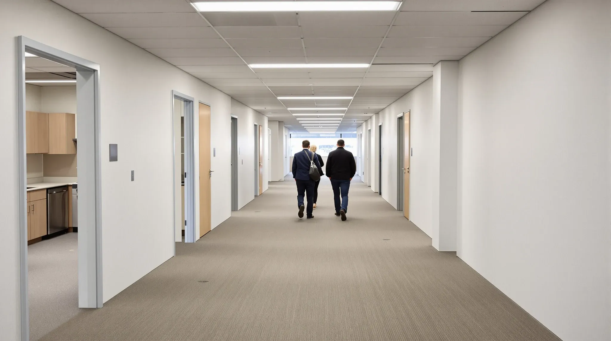 Three people walking through a vacated office floor, seen from behind at a distance