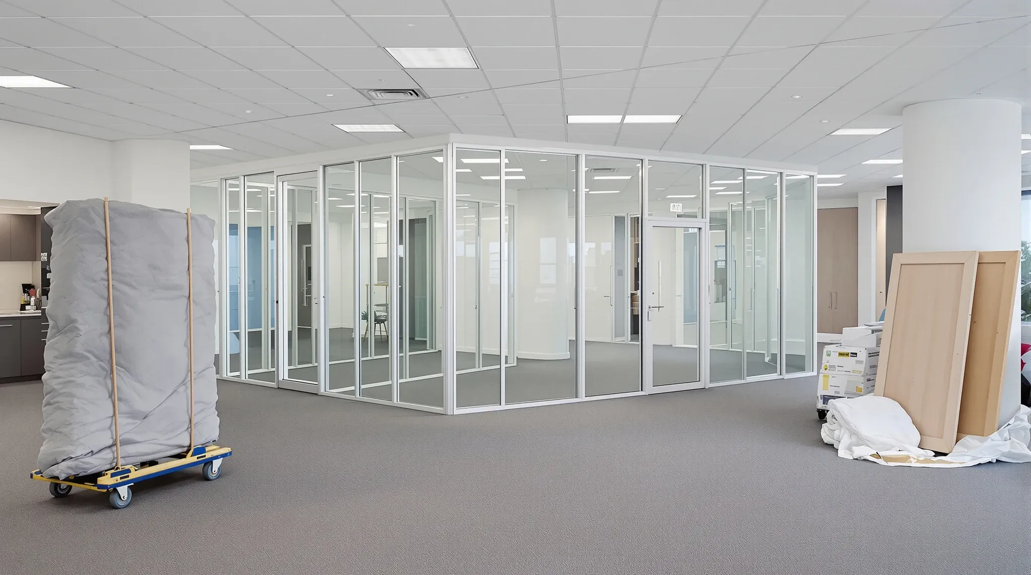 Glass partition panels stacked on a padded trolley after a meeting room was taken down