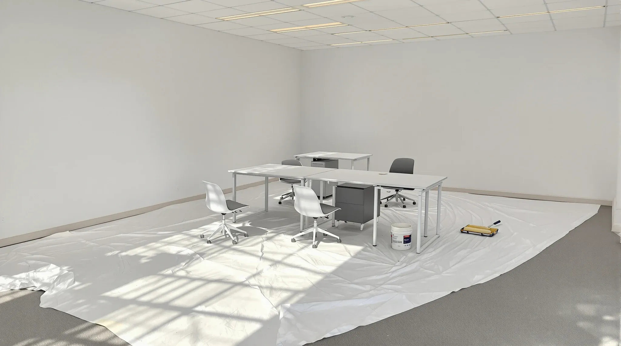 Office furniture gathered under dust sheets while the walls are repainted during a weekend refresh