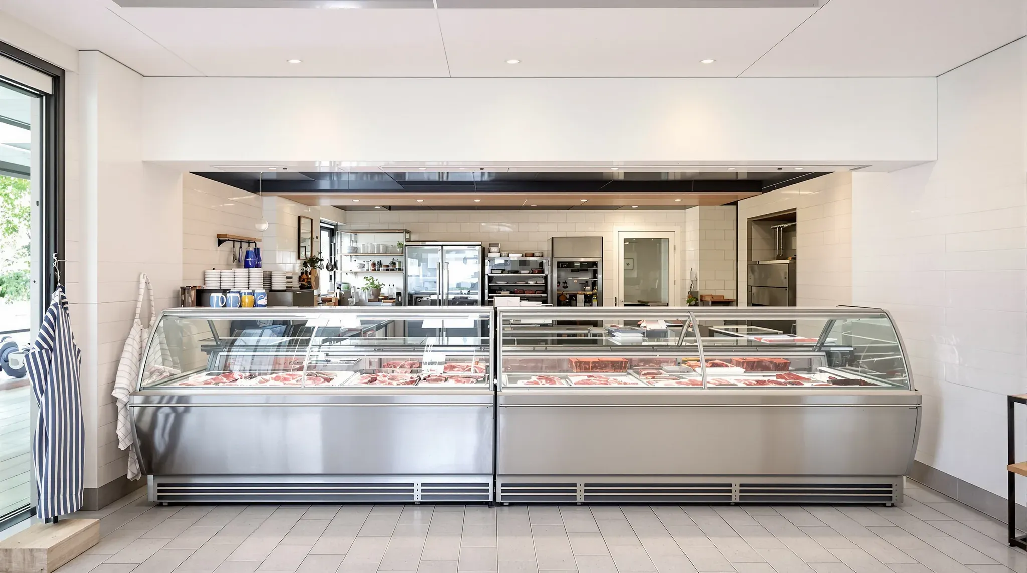 Butcher shop with refrigerated display cases, white tiled walls and the preparation area behind the counter