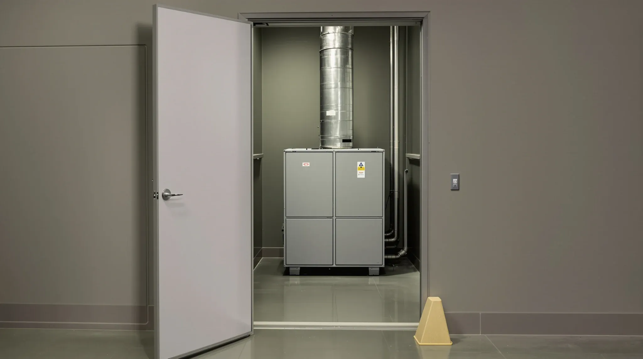 A small tidy plant room with a grey air handling unit seen through a propped-open door