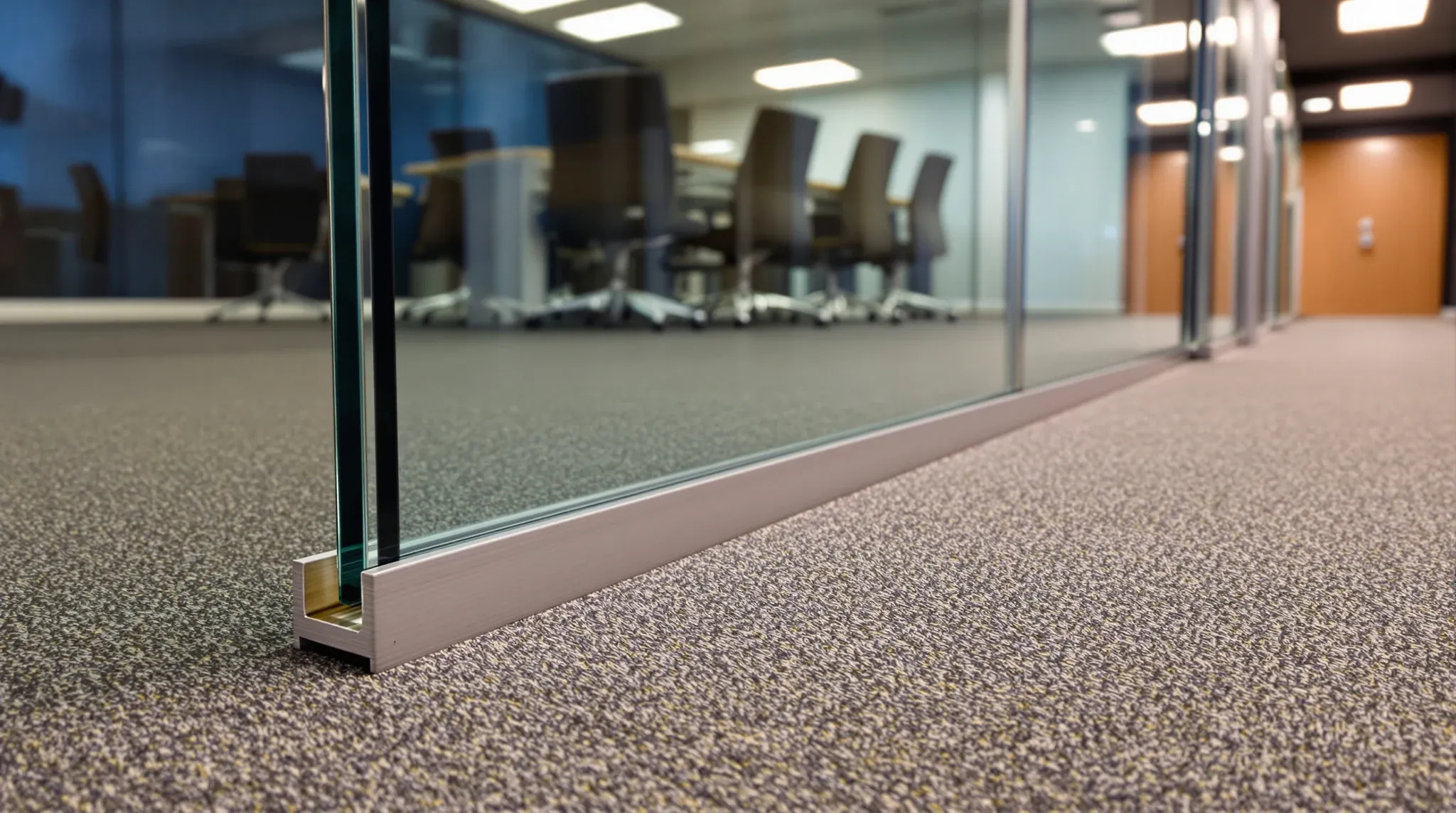 The floor channel of a frameless glass partition on worn carpet in a vacated office
