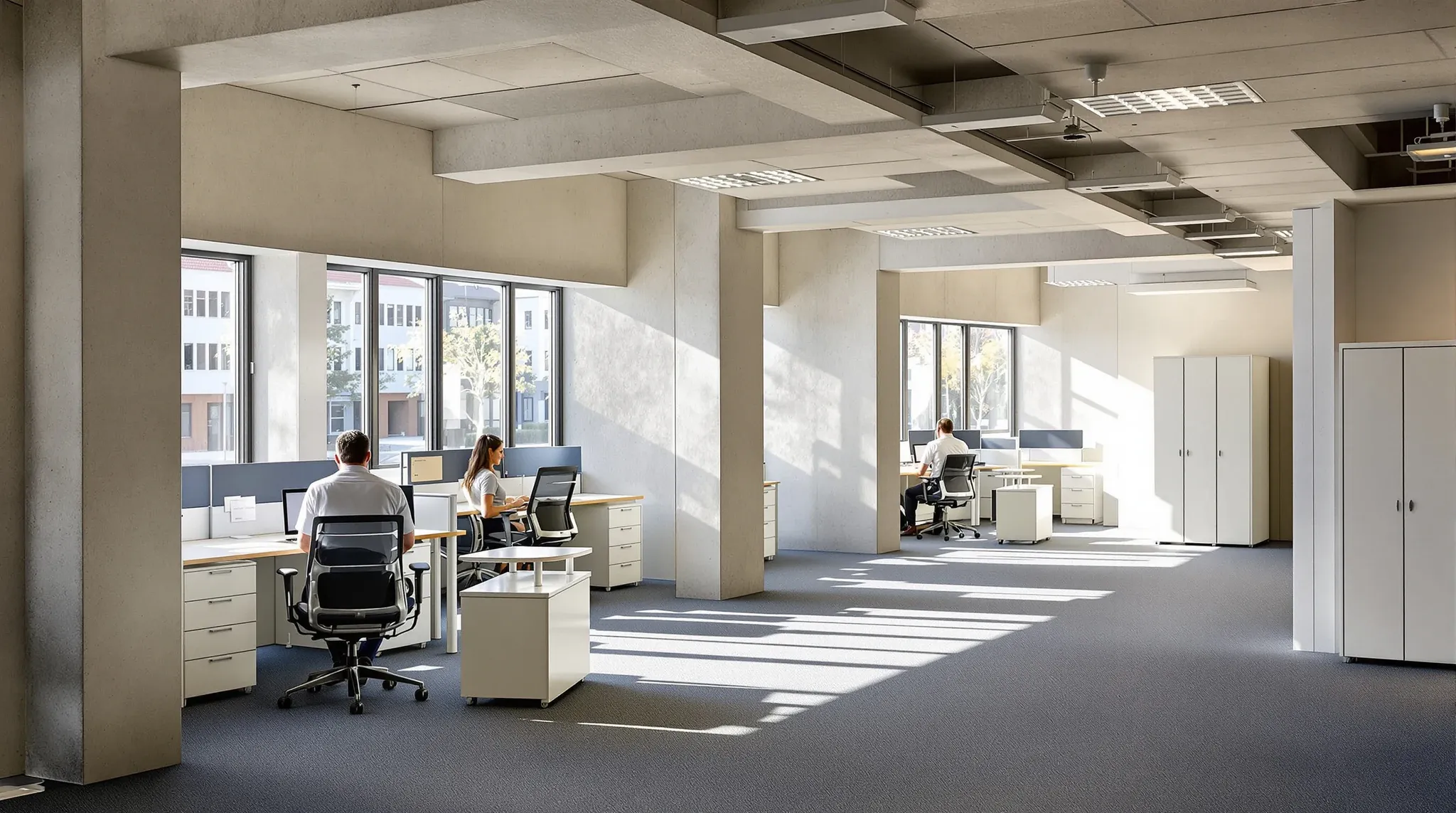 A refurbished team office in an older concrete building with deep window reveals and low winter sun
