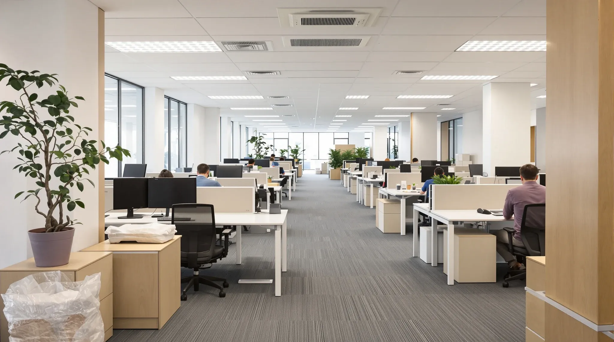 A newly occupied office in its first weeks, with a few boxes still unpacked under the desks