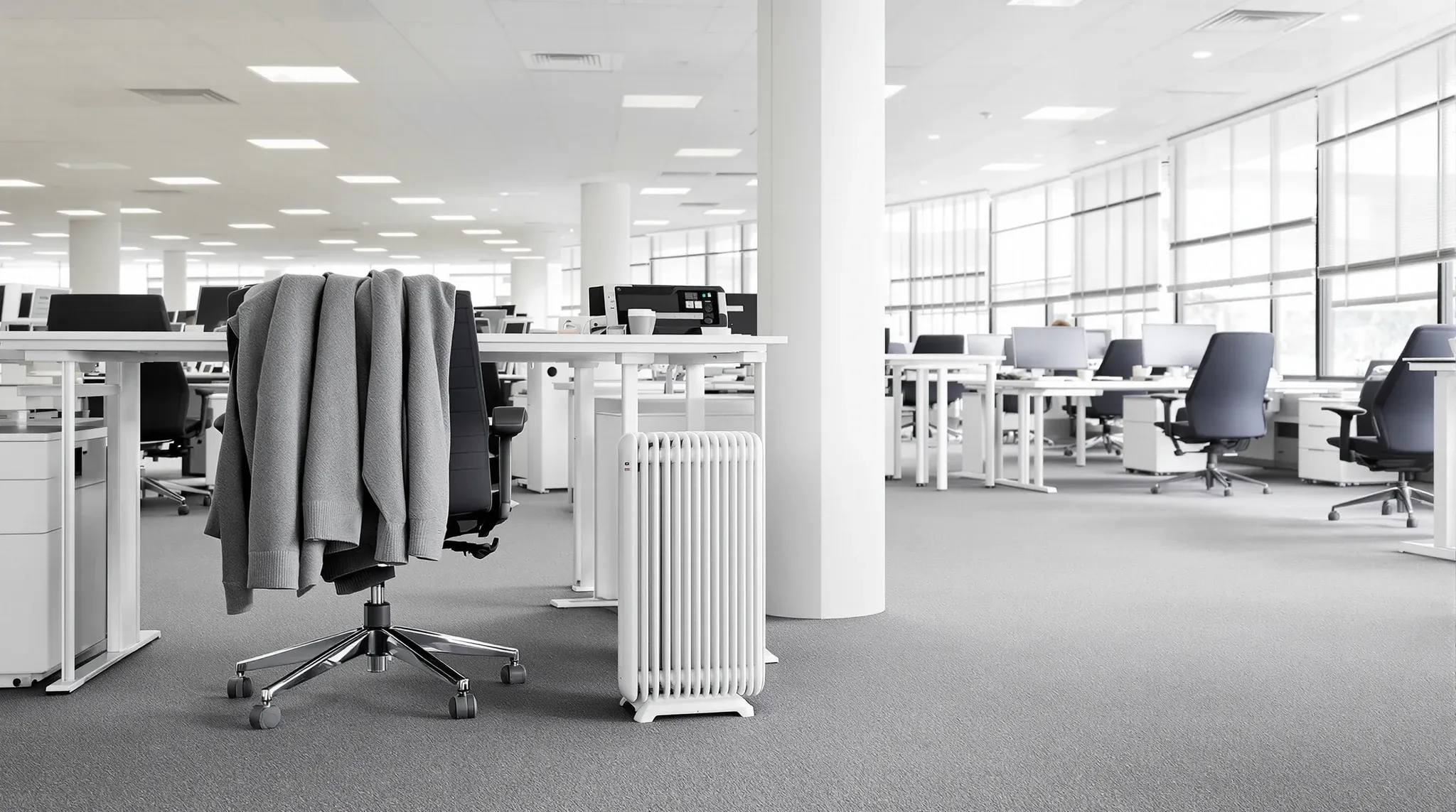 A new office in its first week with a cardigan on a chair and a small heater under a desk