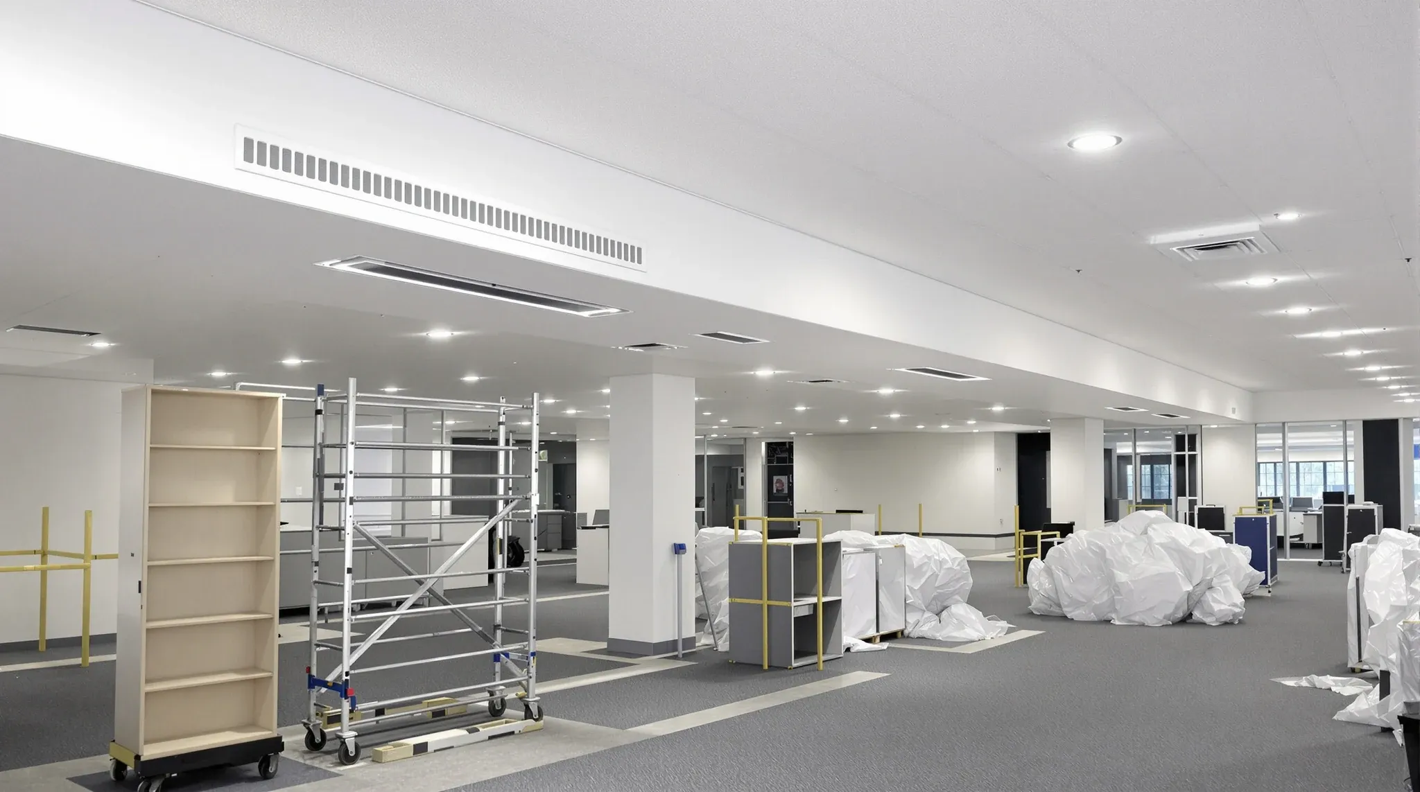 A newly painted plasterboard bulkhead running across an office ceiling to hide new ductwork
