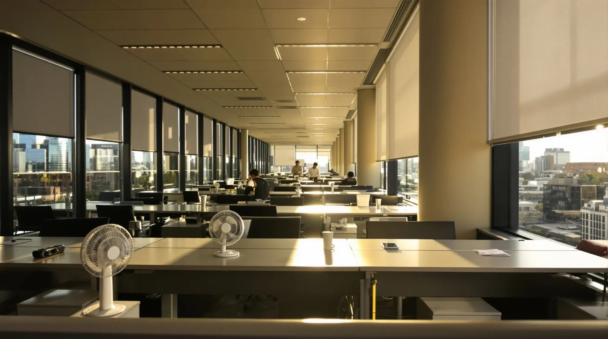 An occupied office in late afternoon sun with blinds at uneven heights and a small fan on a desk
