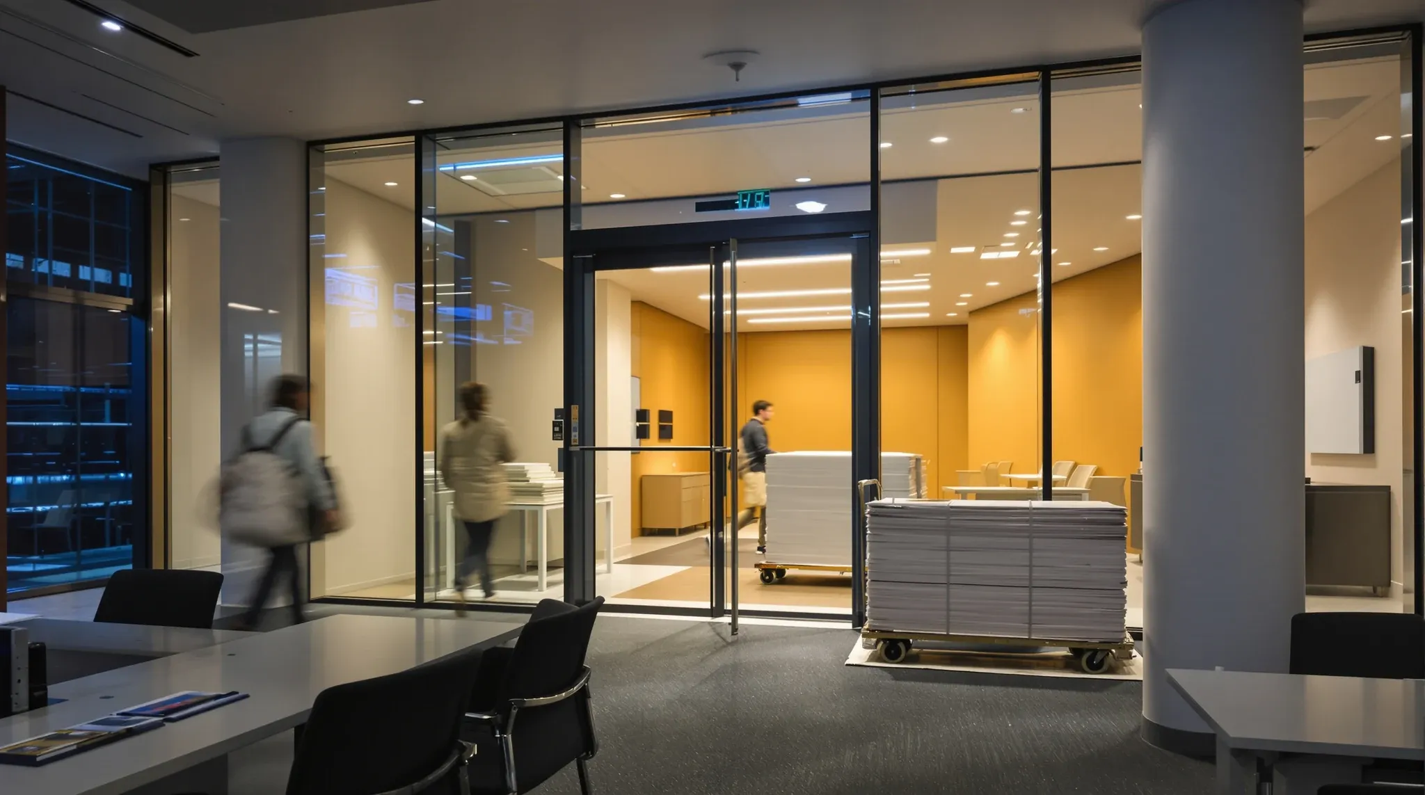 Staff leaving an office at dusk while a trolley of building materials waits by the entry for night works