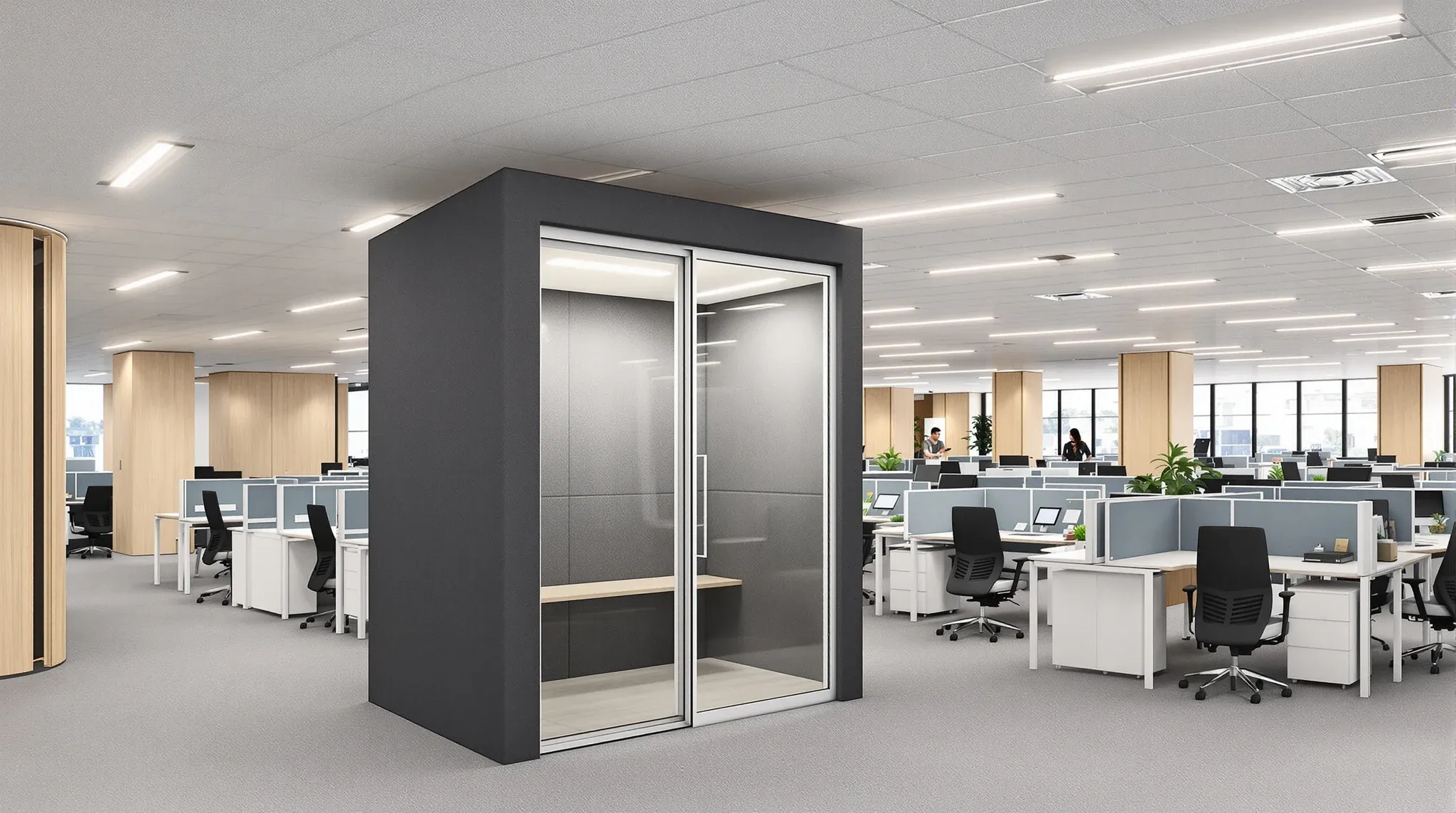 A freestanding acoustic phone booth at the end of a workstation bank in an open-plan office