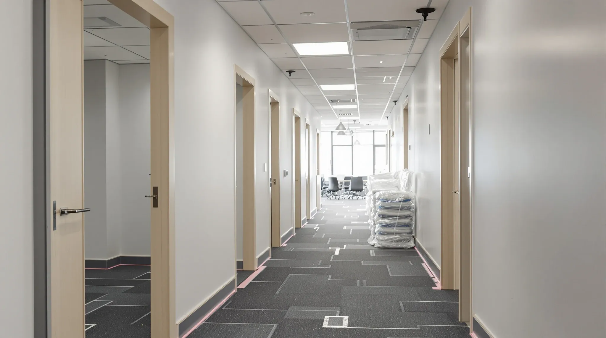 A newly renovated office corridor with fresh walls, protective film on the doors and wrapped chairs stacked