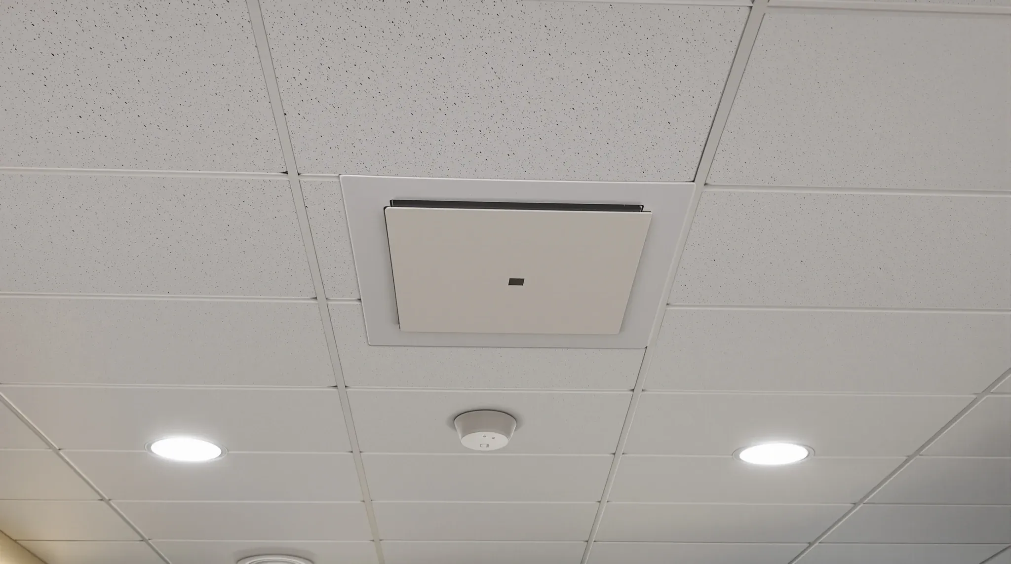 A finished corridor ceiling with a single flush access panel in the grid