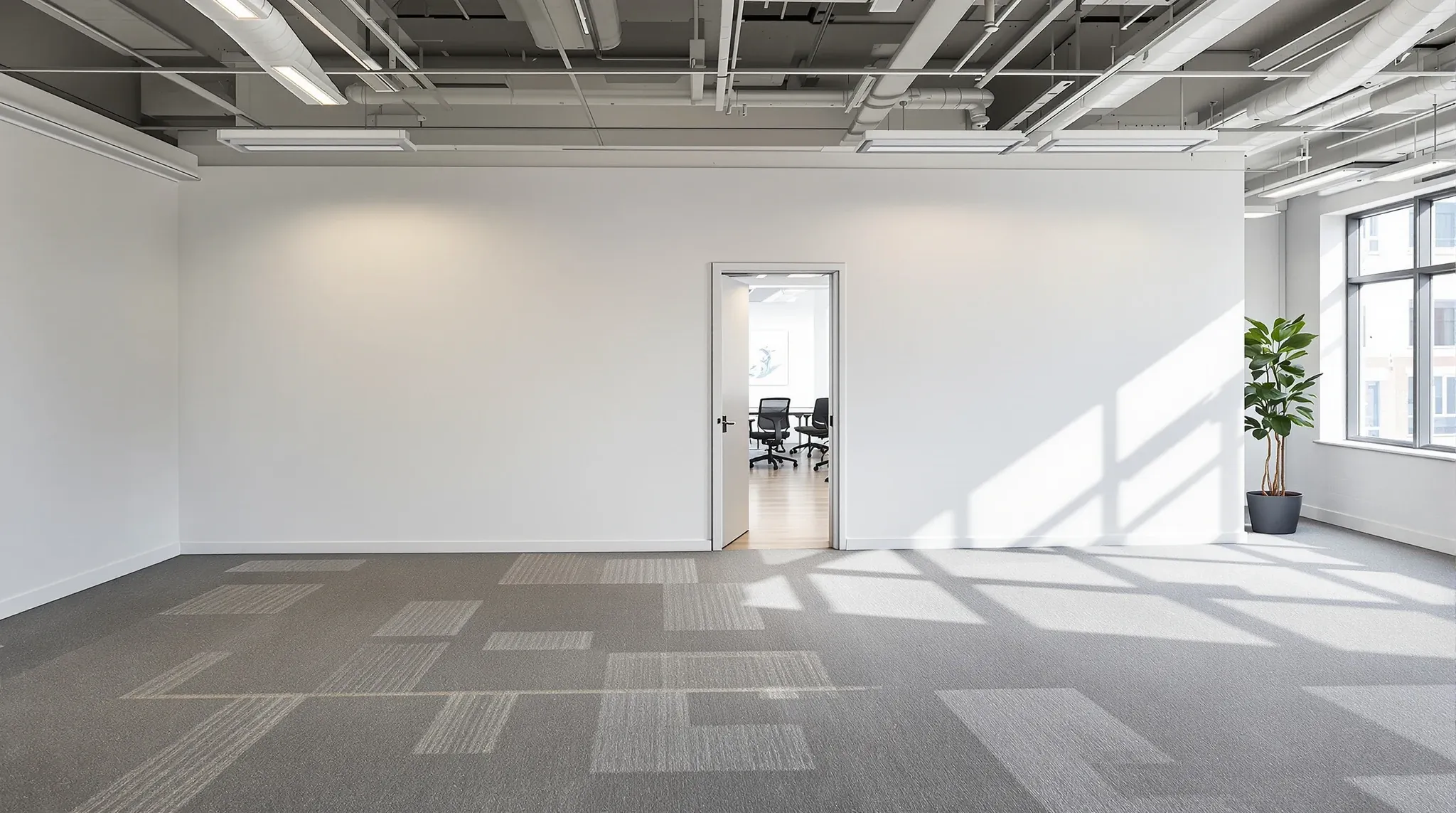 A new plasterboard wall and door dividing an occupied office from an empty returned area