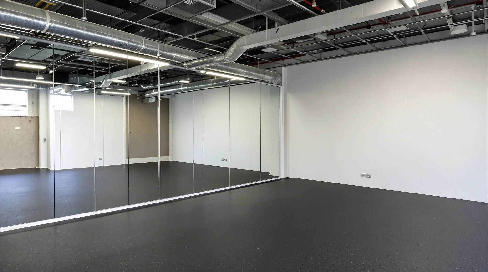 Empty finished gym floor with rubber flooring, mirrors, high exposed ceiling, no branding
