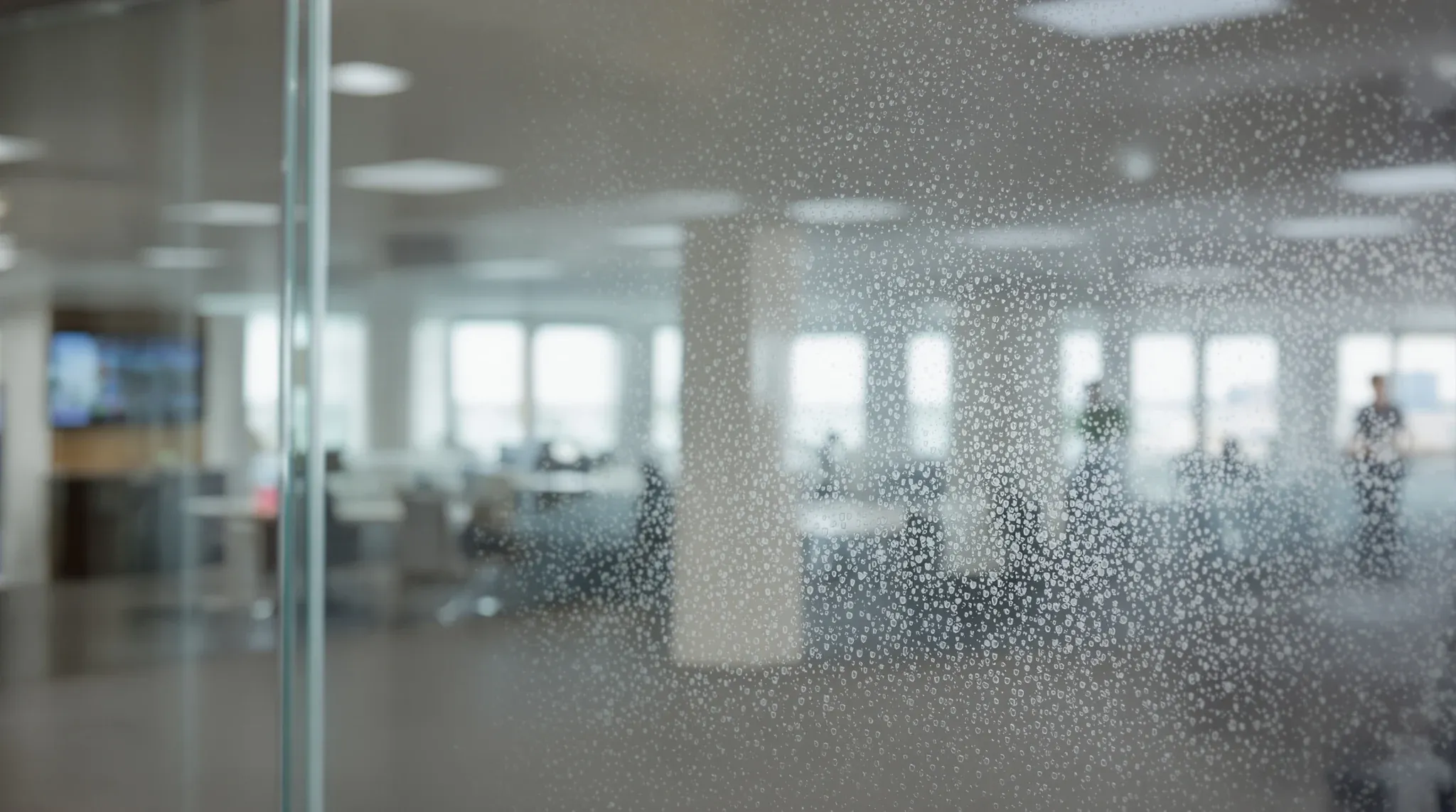 A frameless glass partition with light smudges near the door handle