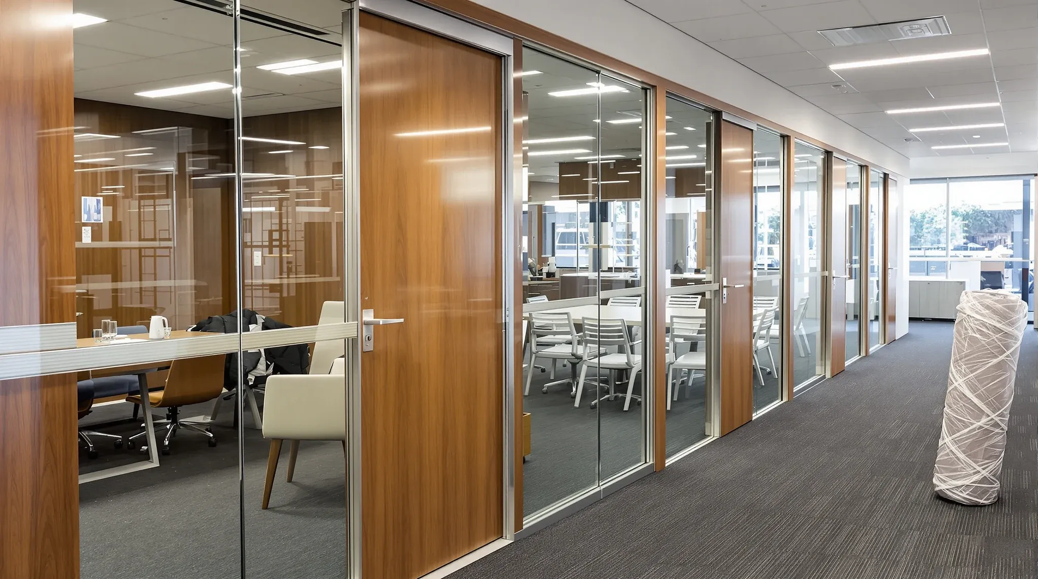 Two boardrooms side by side along a corridor, one in use and one newly finished with chairs still wrapped