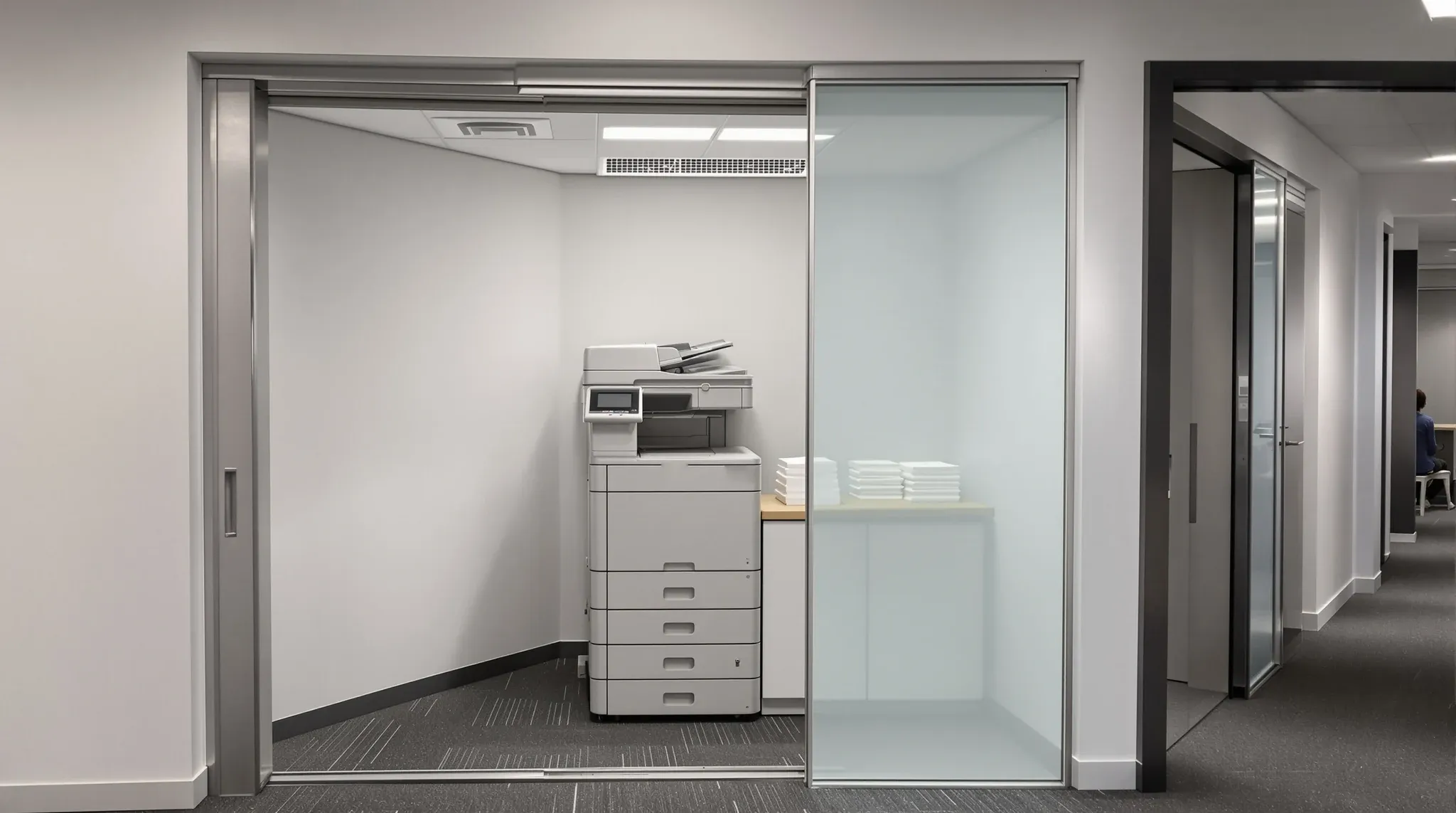 A small print room with a multifunction printer and bench off an office corridor