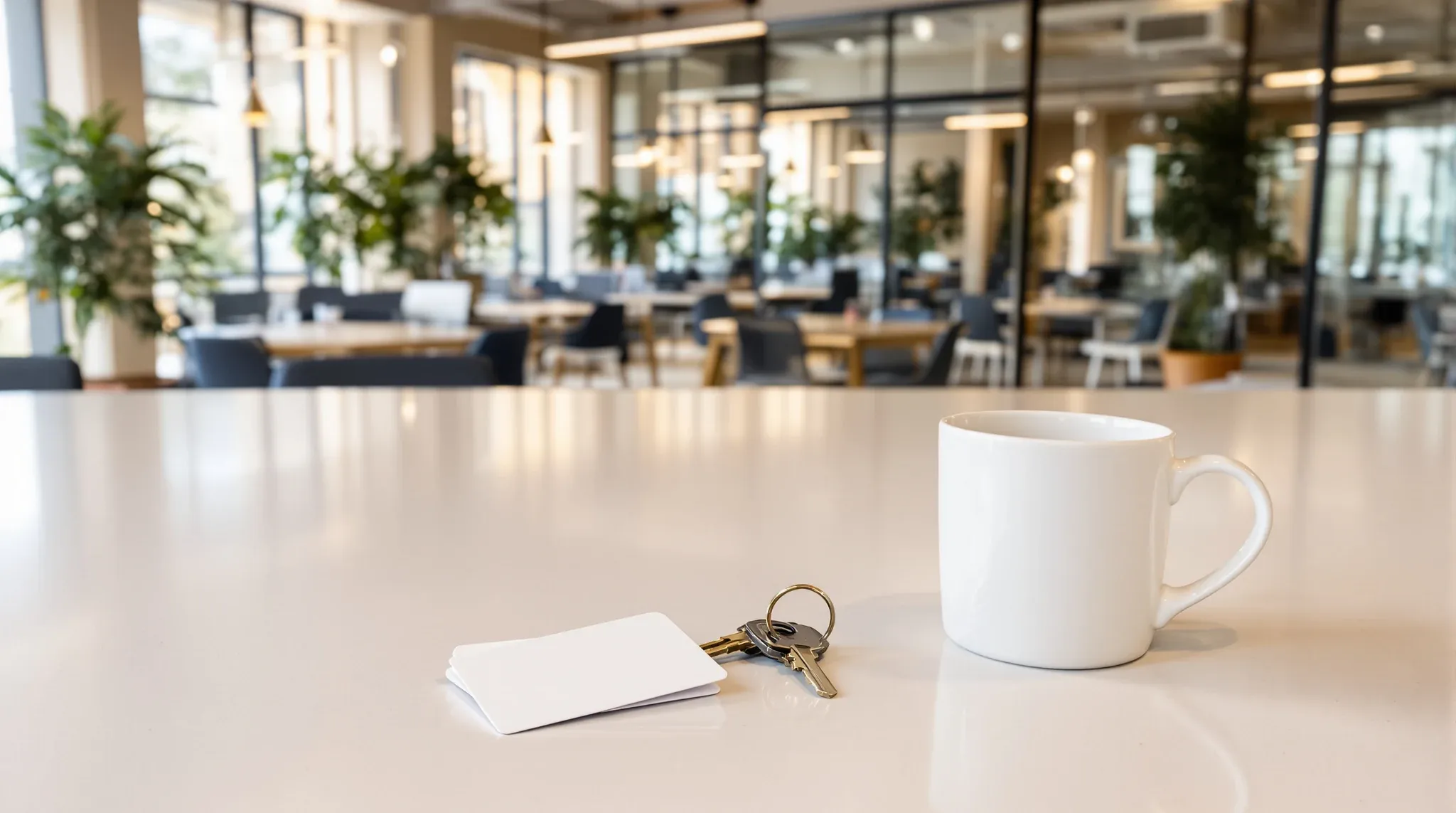 Keys and access cards on a kitchen bench with a finished office blurred behind