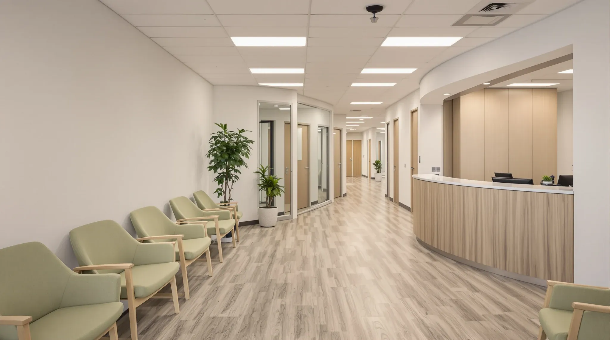 The waiting area and reception of a shared medical suite with a corridor to consulting rooms