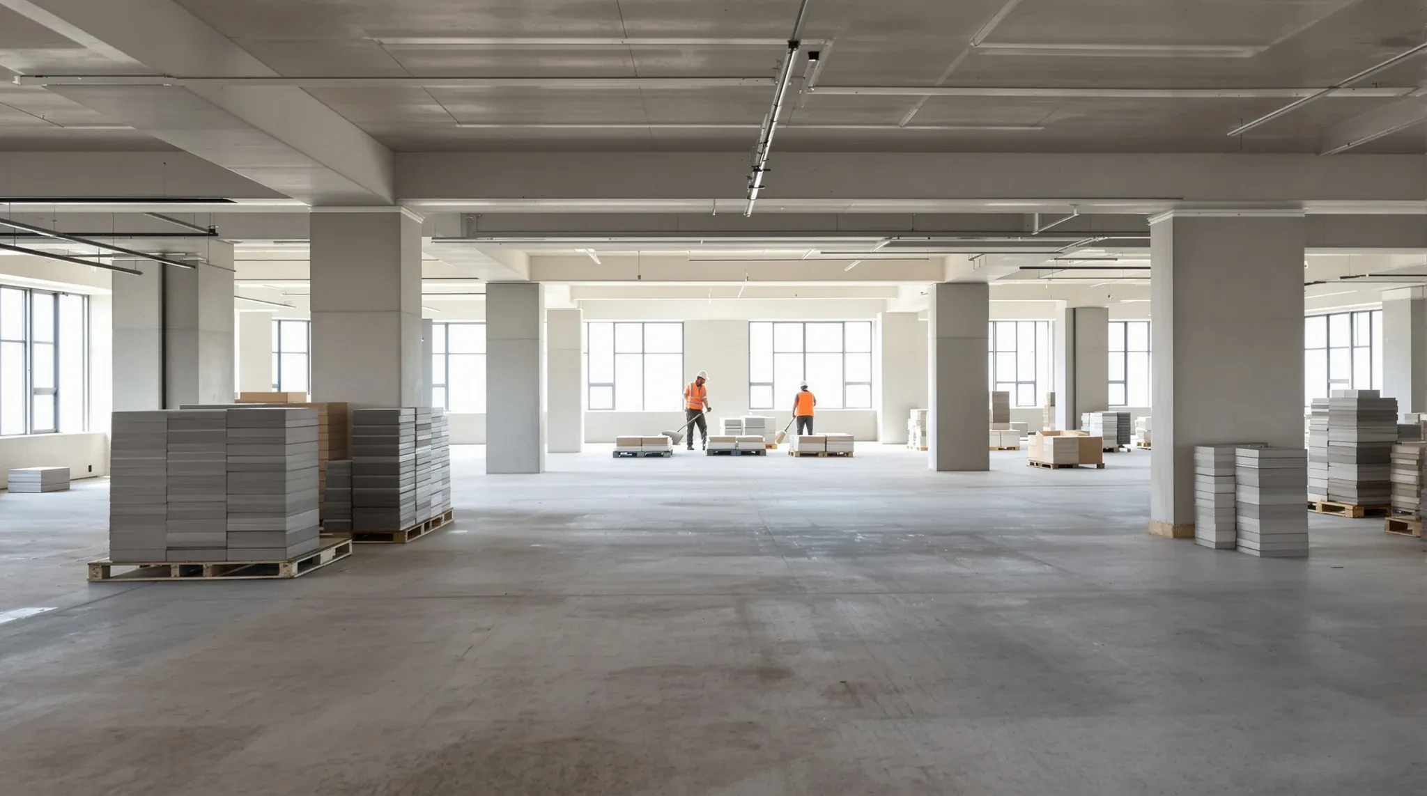 A stripped office floor during a defit, with removed tiles stacked on pallets and one worker sweeping