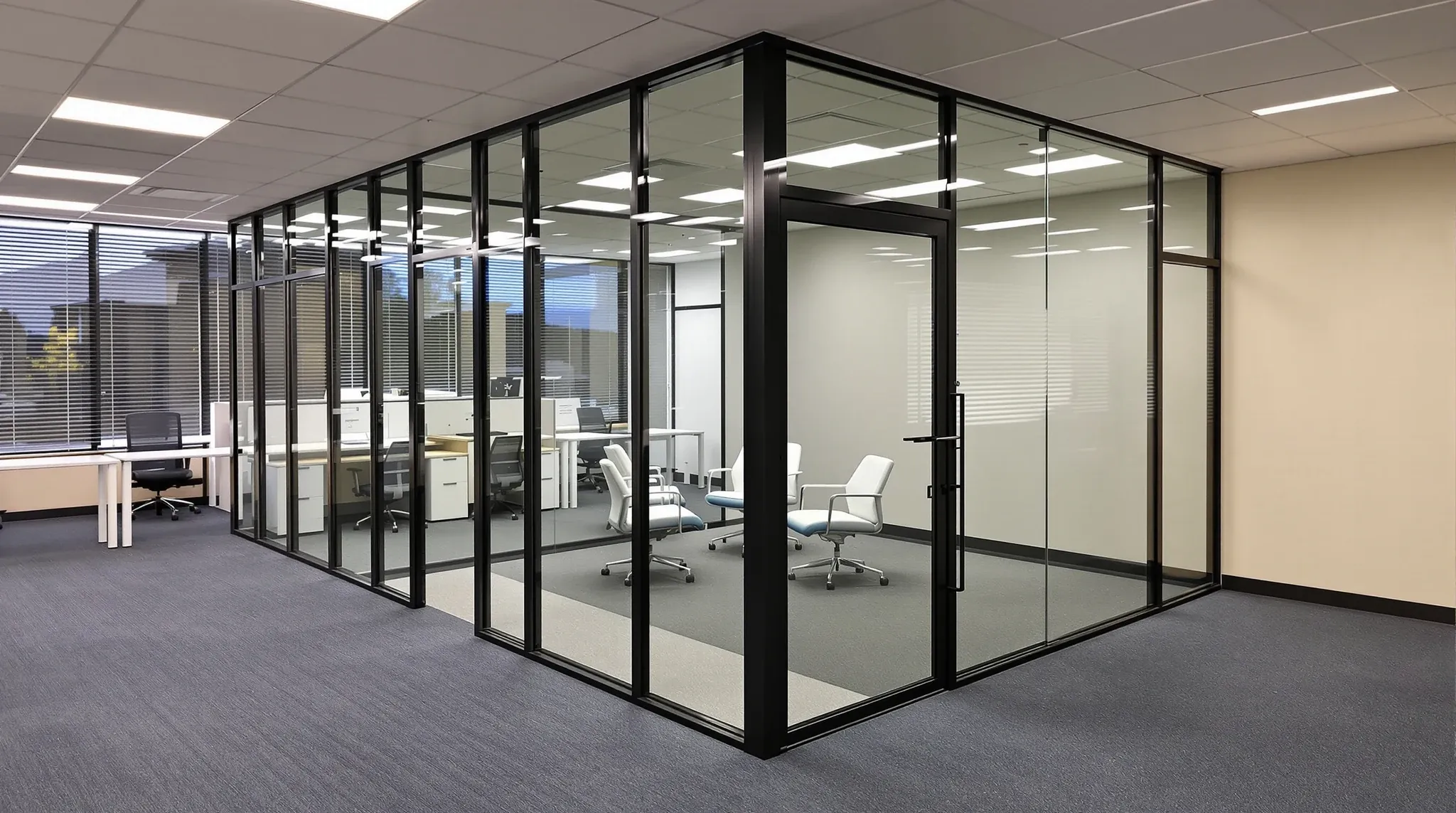 A newly installed black-framed glass meeting room in an older office, with floor protection still along its base