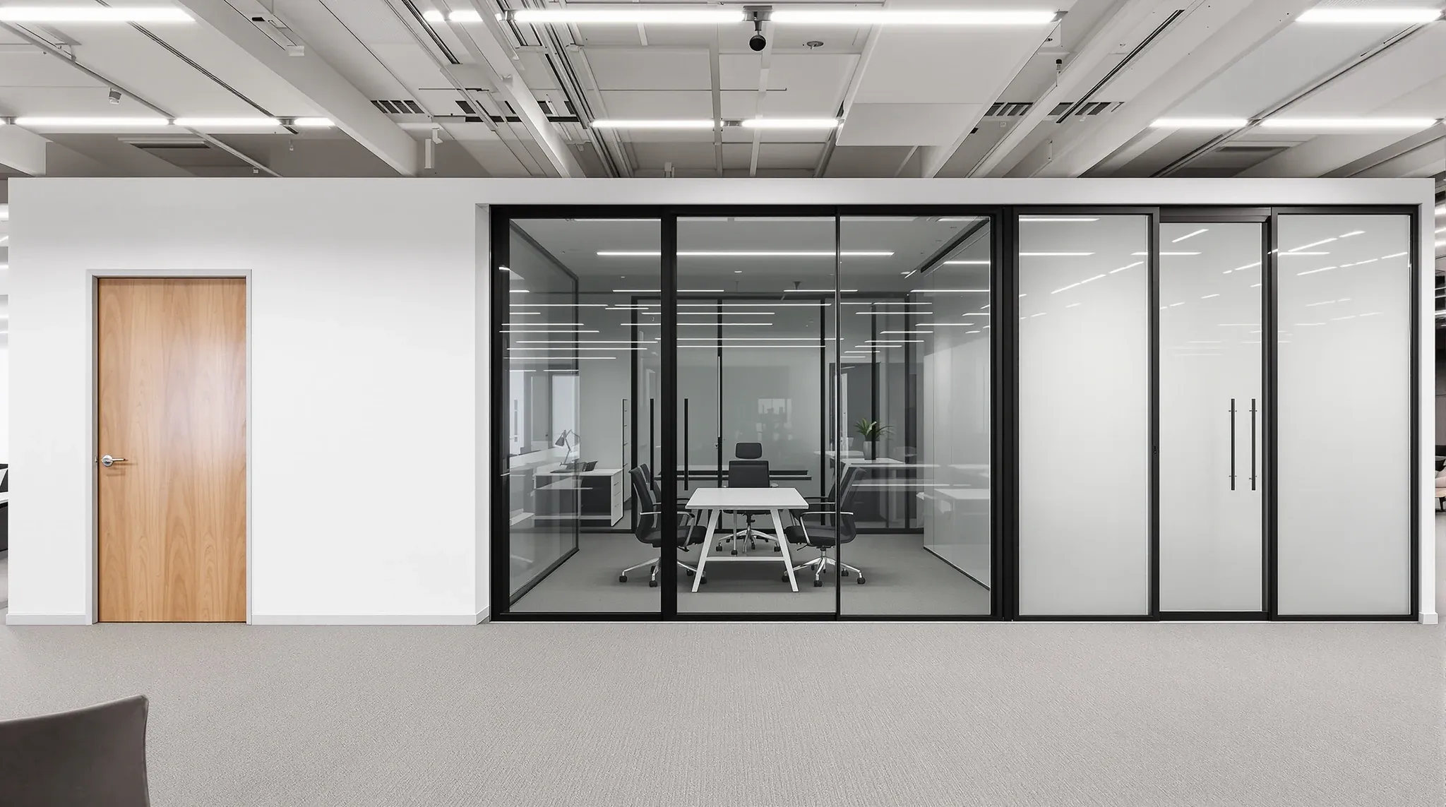 Three office rooms side by side, built in solid plasterboard, black-framed glass and frosted glass