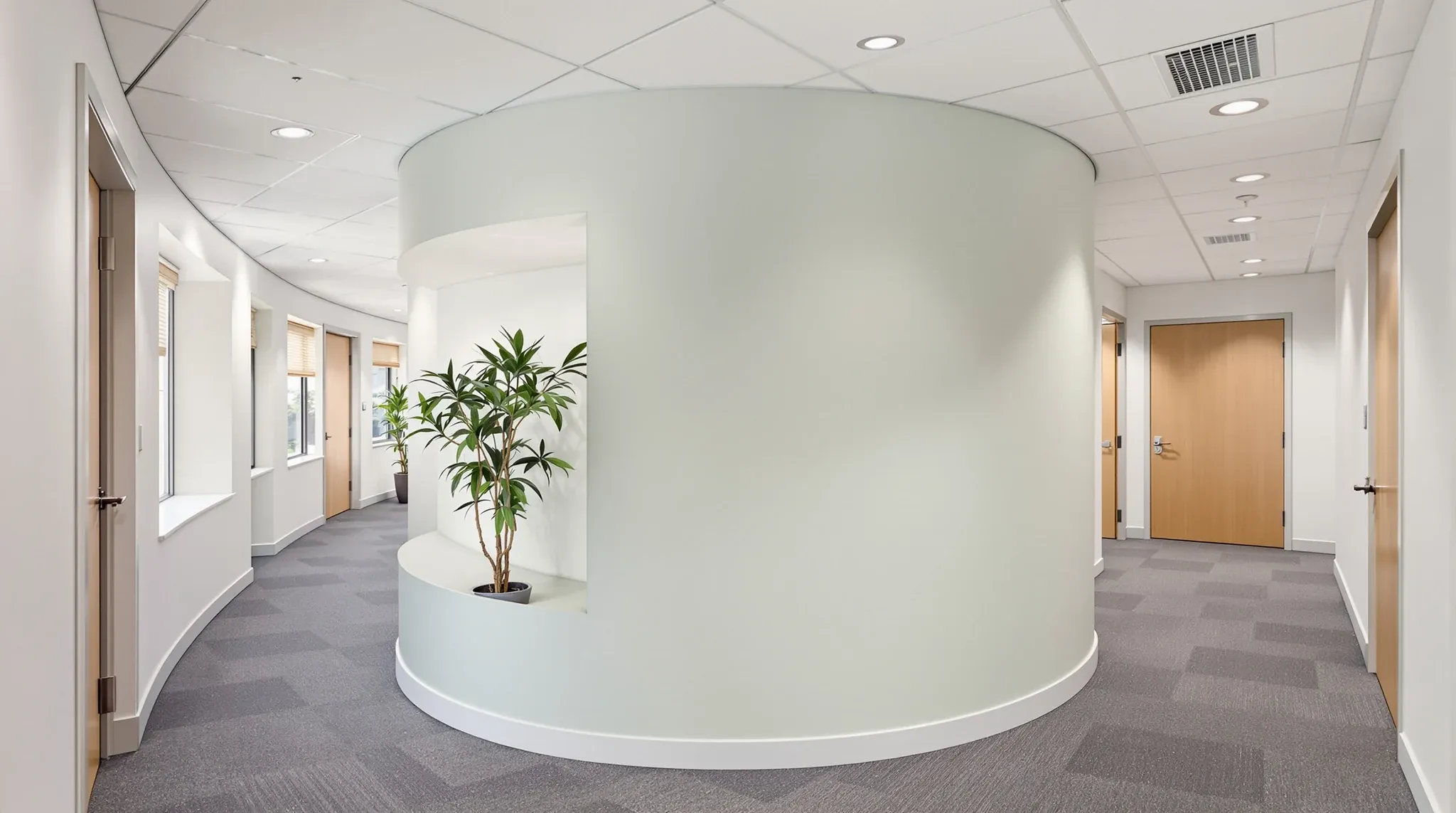 A smooth curved painted plasterboard wall wrapping a meeting room at a bend in an office corridor