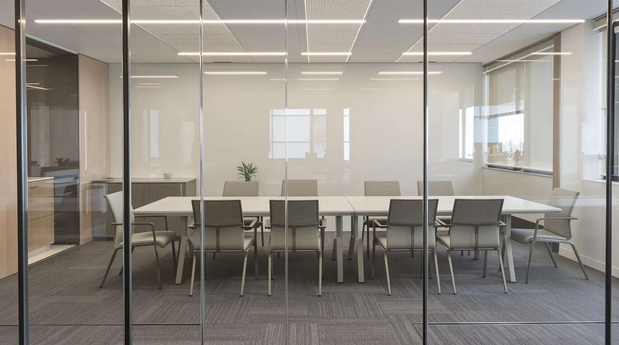 A small meeting room crowded with an oversized table and too many chairs