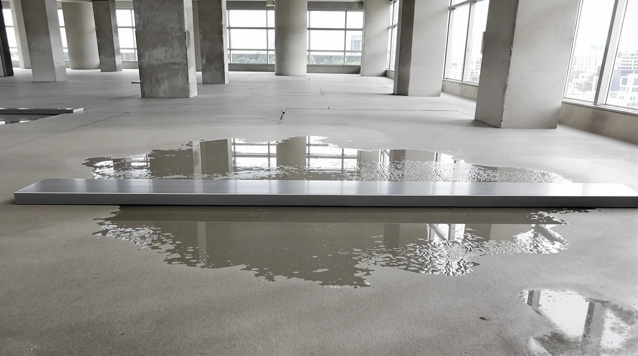 A bare concrete office slab with a shallow puddle in a low spot and a long straightedge lying across it