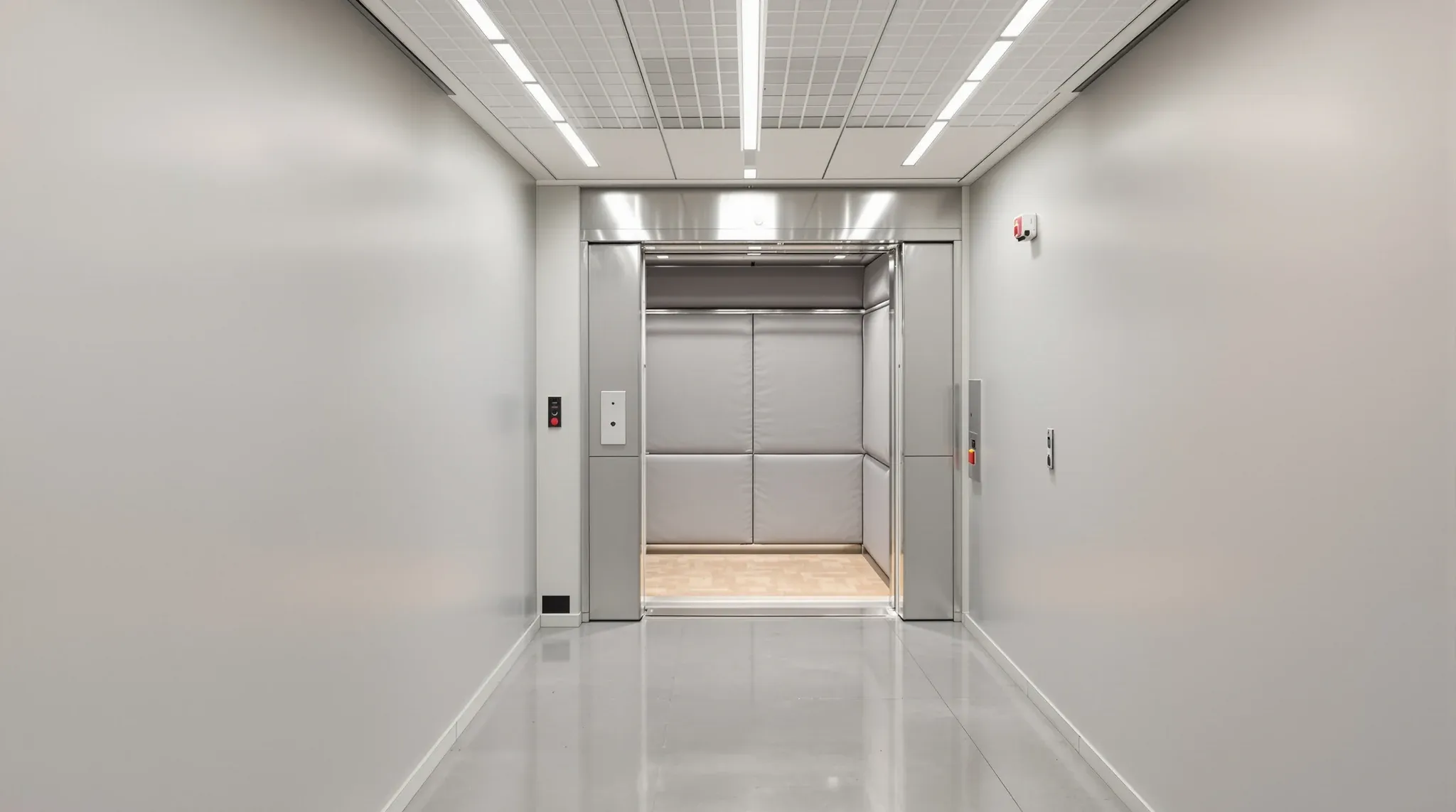 A goods lift with padded protective blankets on its walls, standing open in a plain service corridor