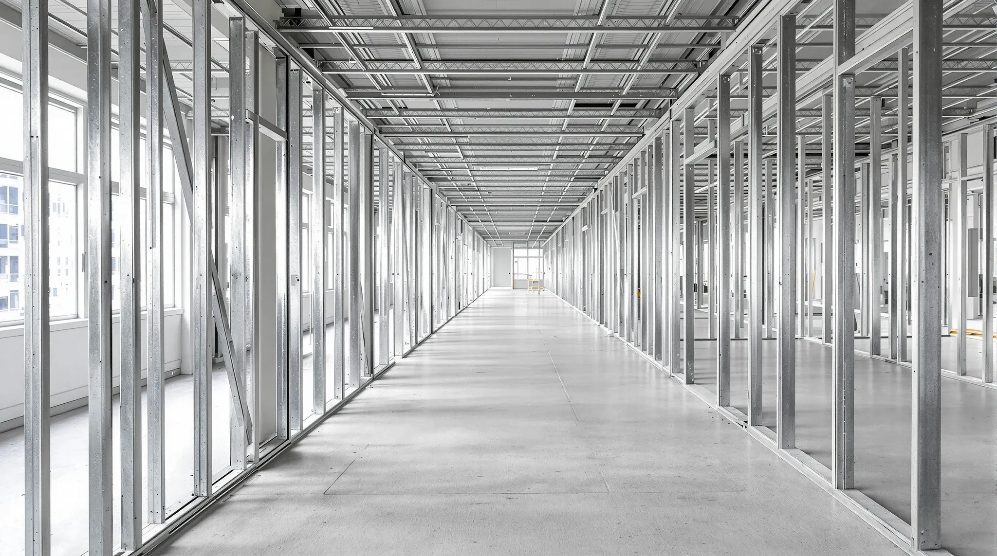 Galvanised steel stud frames standing on a bare office floor before boarding