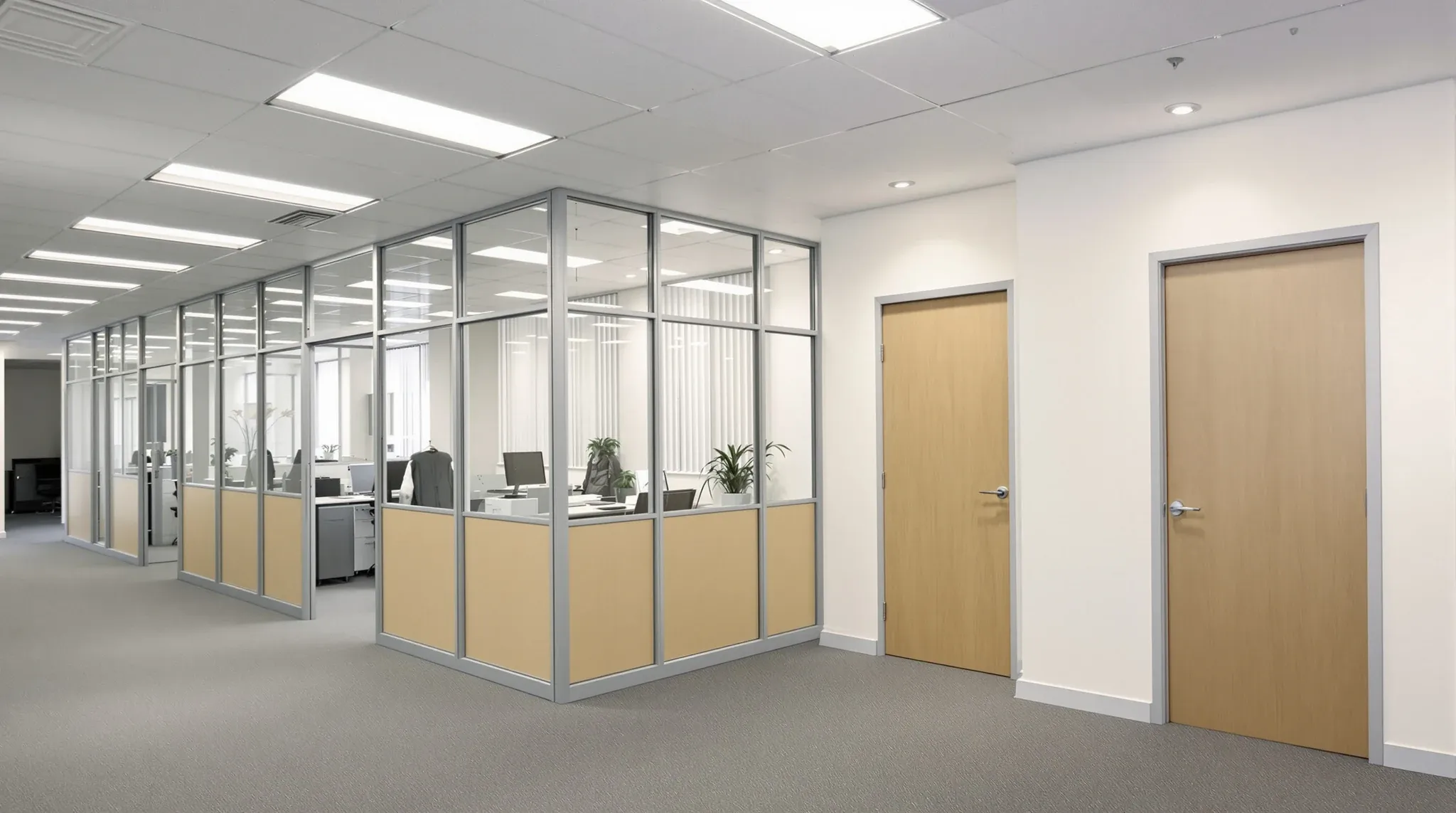 An older modular partition run of framed panels and glass beside a fixed painted plasterboard wall